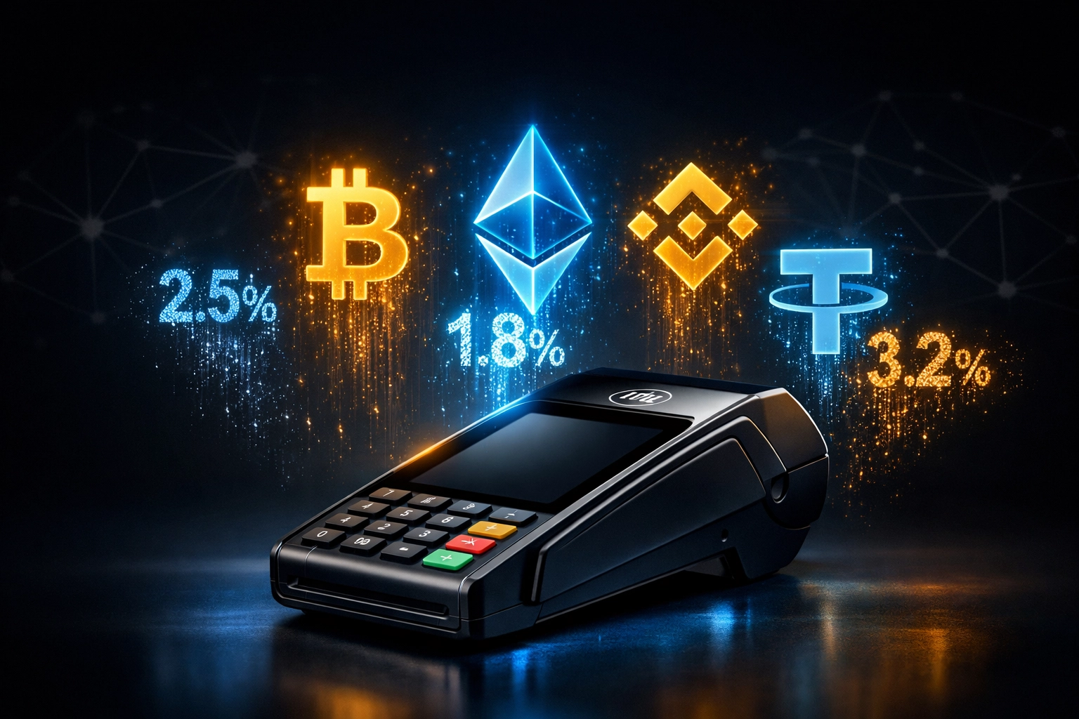 Modern crypto POS terminal with digital payment symbols showing reduced transaction fees
