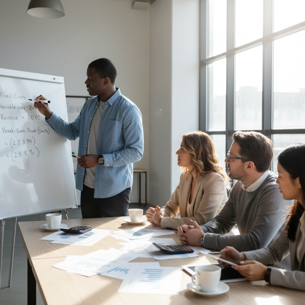 Business professional presenting break-even point analysis on a whiteboard to a team during a financial training session