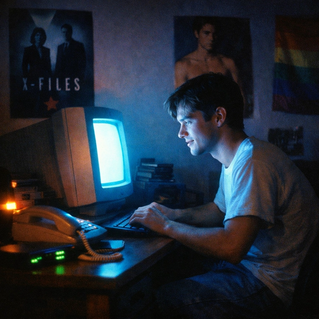 Gay man at 90s computer discovering LGBTQ+ community and connection online