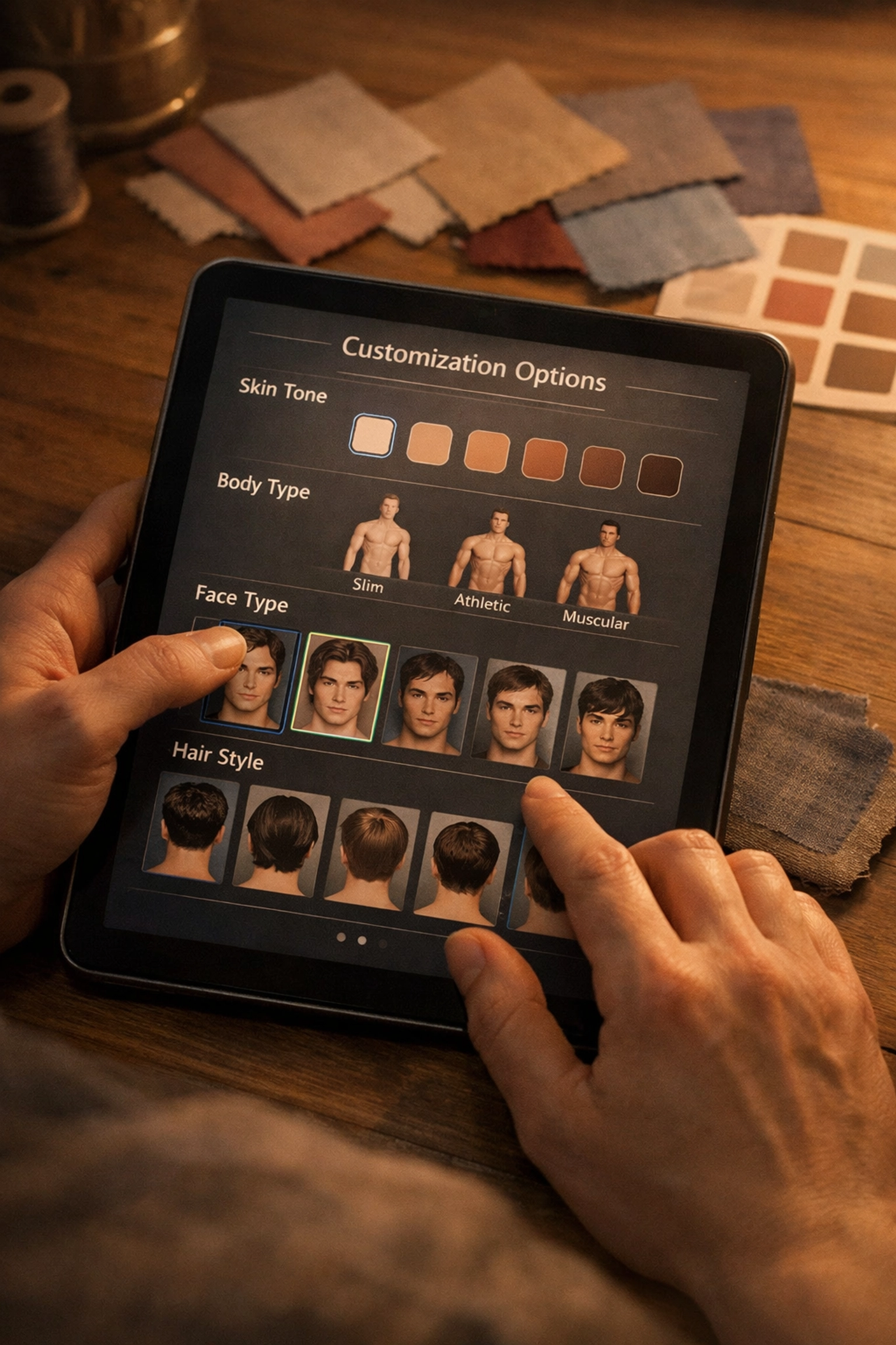 Choosing custom features for a male companion doll on tablet screen