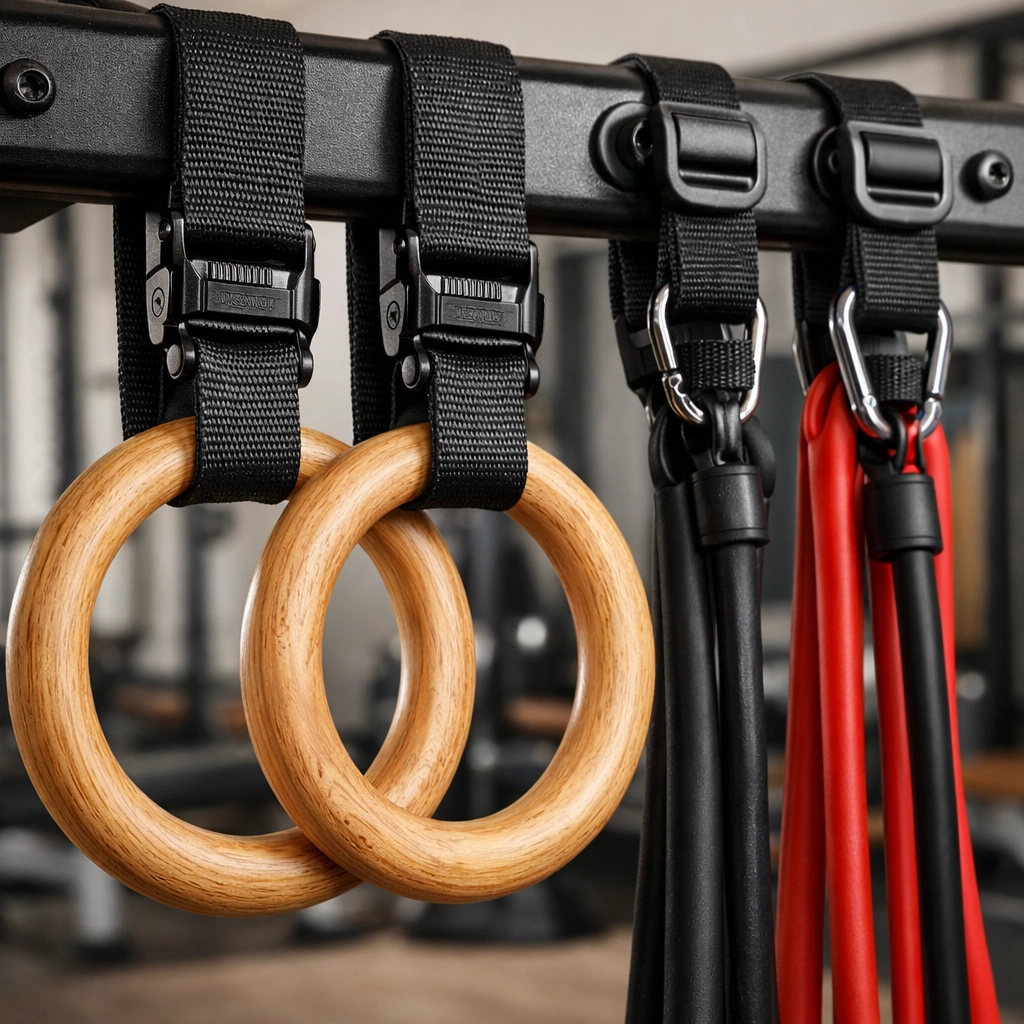Wooden gymnastics rings and resistance training bands attached to a versatile home gym rail system.