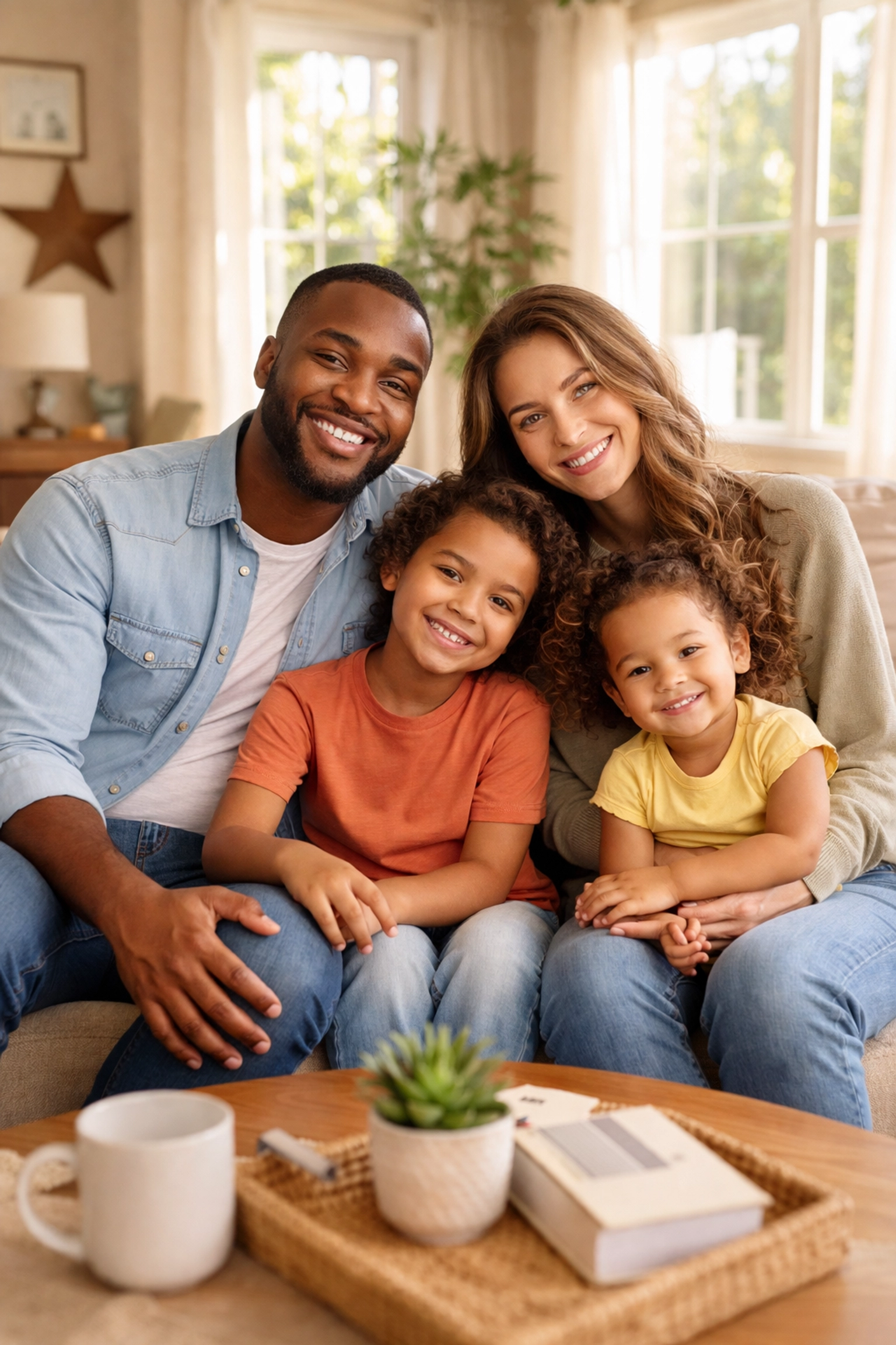 Happy Texas family with children gathered in living room, representing those who need life insurance protection