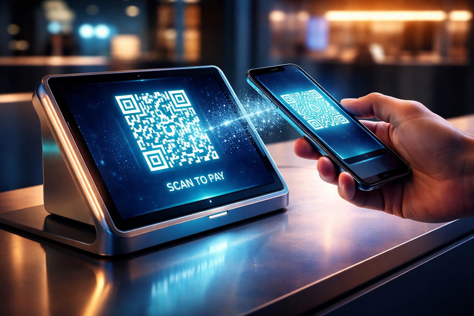 Customer scanning QR code with smartphone at retail counter for seamless crypto POS payments