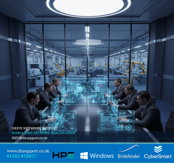 Drive Network Support IT engineers collaborate in a high-tech boardroom