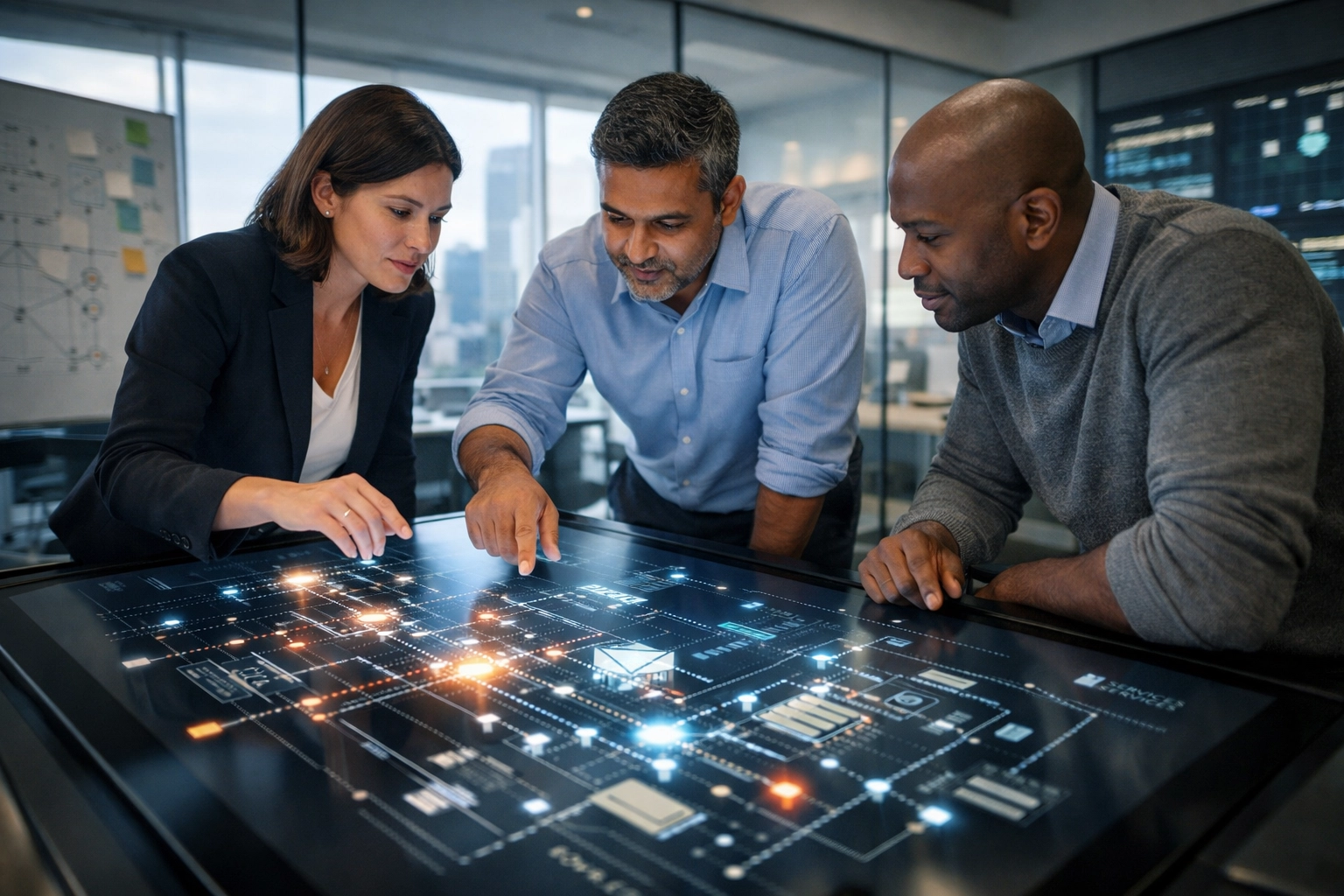 IT strategy team collaborating on Agentic AI orchestration through ServiceNow consulting services in a modern lab.