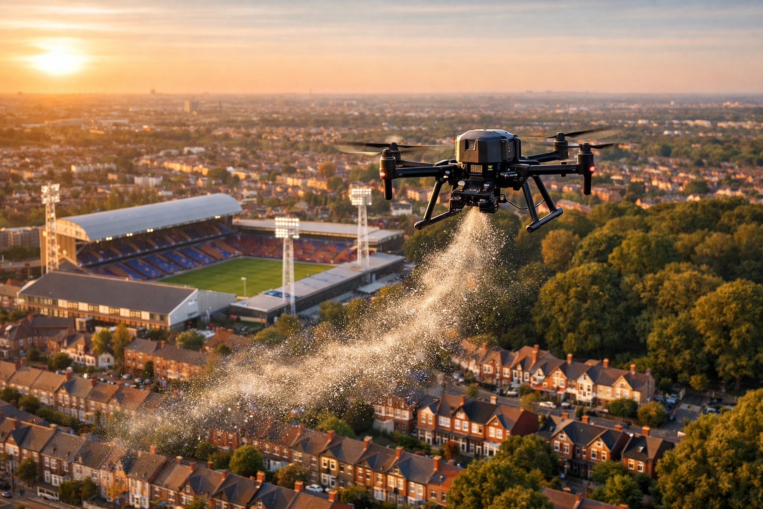 Drone ash scattering ceremony near Selhurst Park, Crystal Palace, providing a symbolic final flight for a lifelong fan.