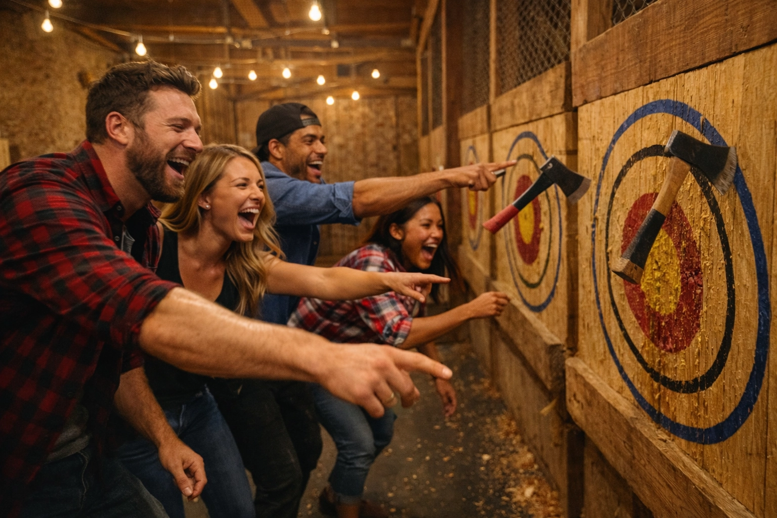 Friends enjoying axe throwing birthday party at DMV venue with wooden targets