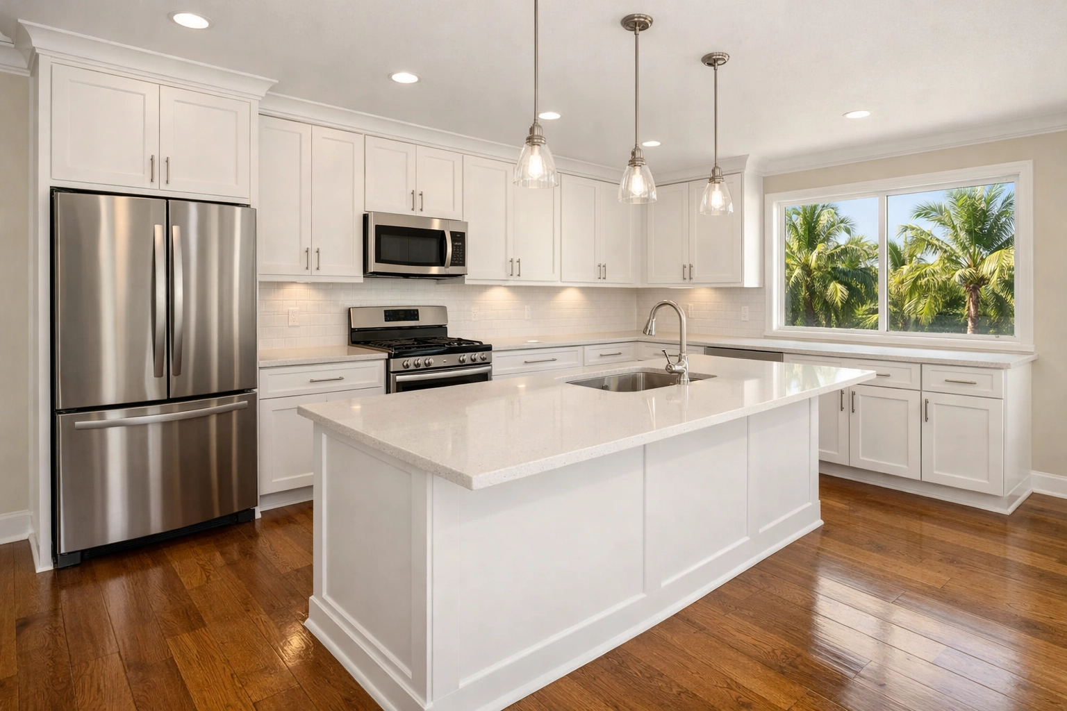 A spotless, move-in ready Orlando kitchen with clean white cabinets and gleaming hardwood floors.