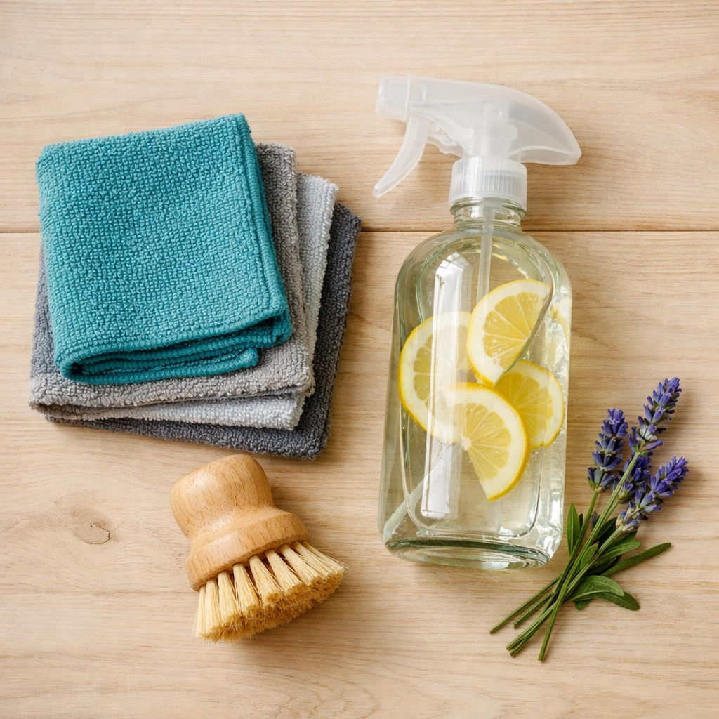 Eco-friendly house cleaning tools including reusable microfiber cloths and natural spray bottles.