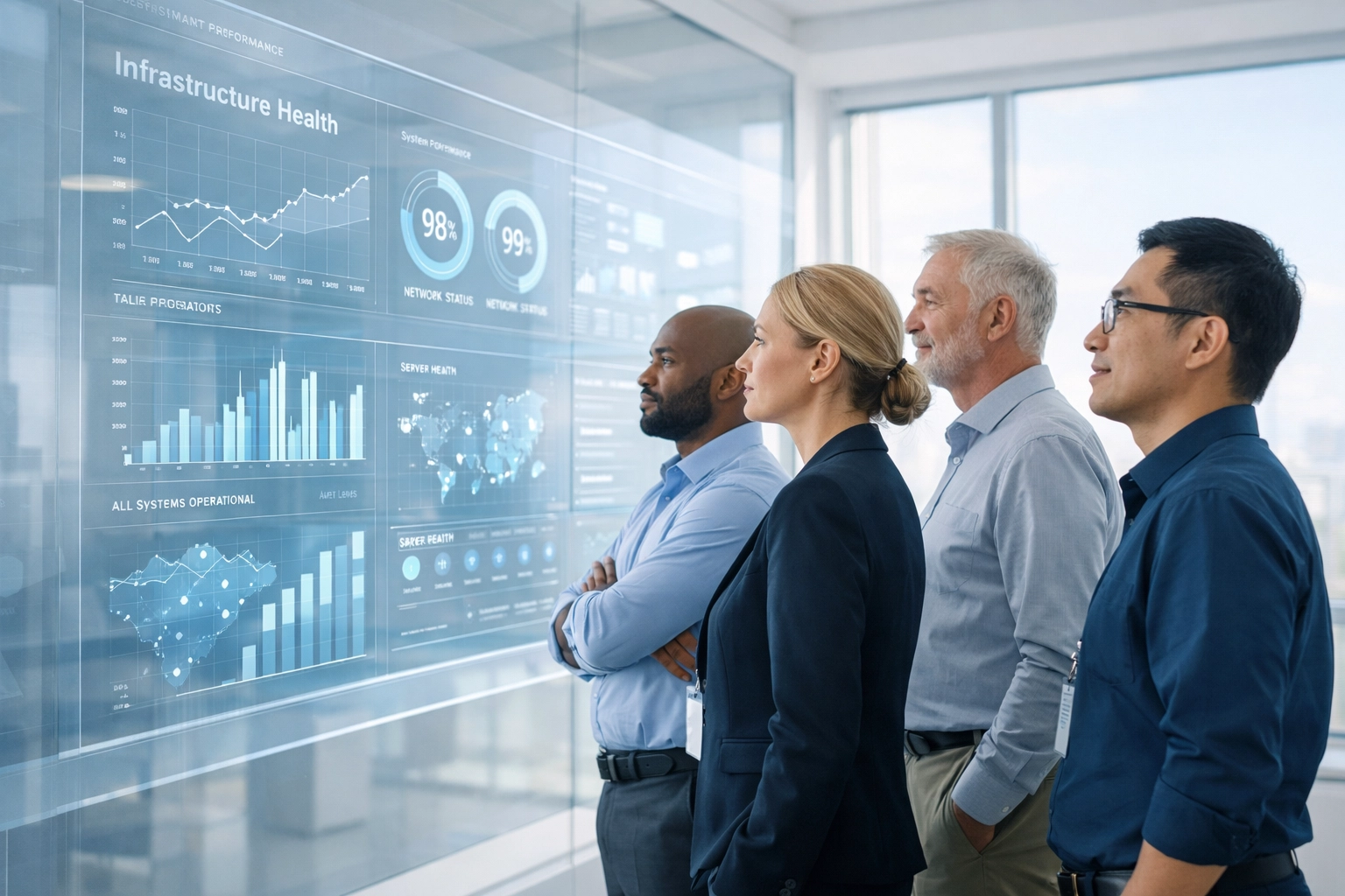 IT leadership team viewing a ServiceNow ITOM dashboard for real-time infrastructure visibility.