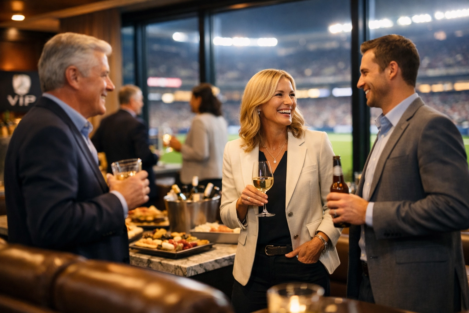 Executive hospitality VIP suite at Super Bowl with business networking and premium field views