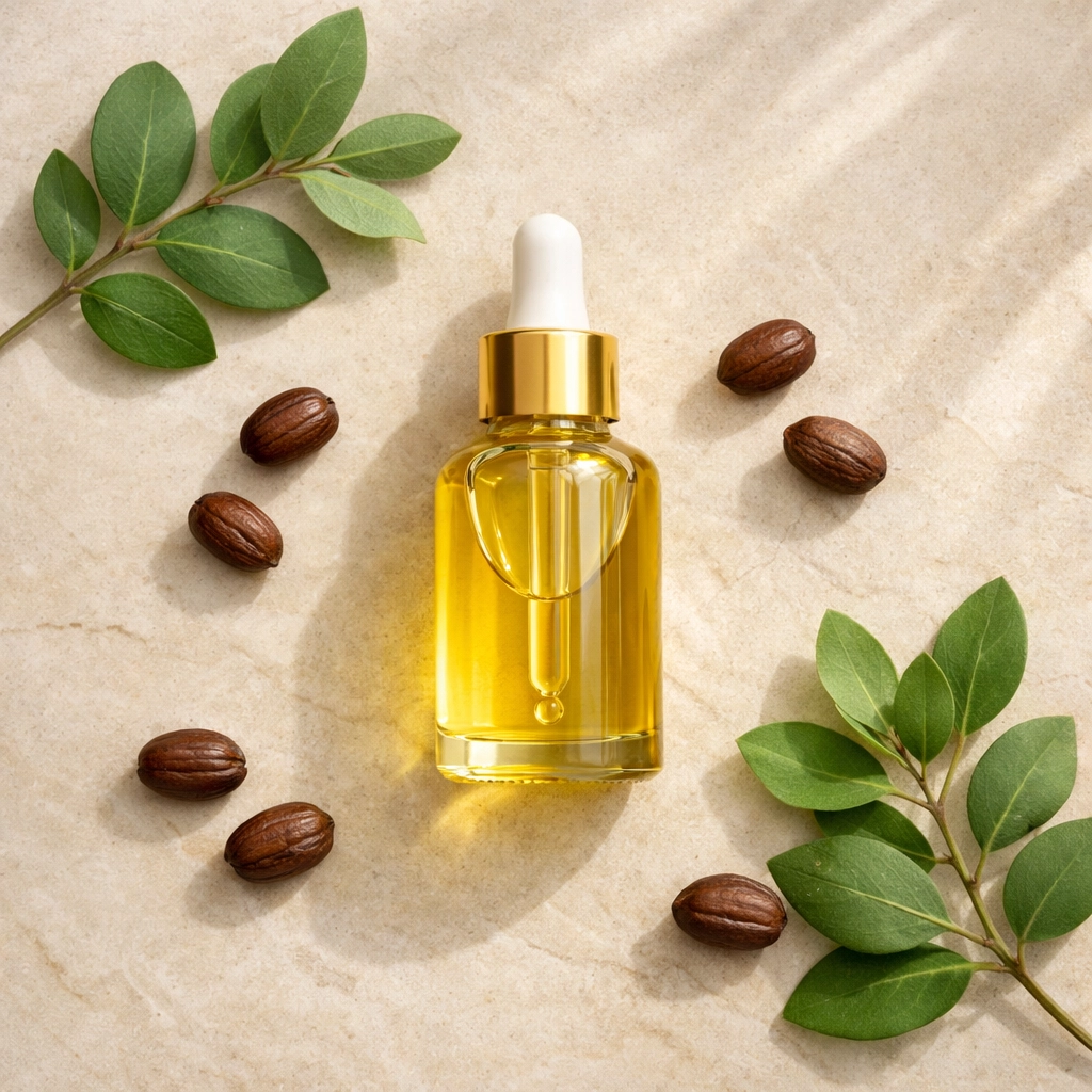 Jojoba oil bottle with fresh jojoba plant leaves and seeds for natural skincare