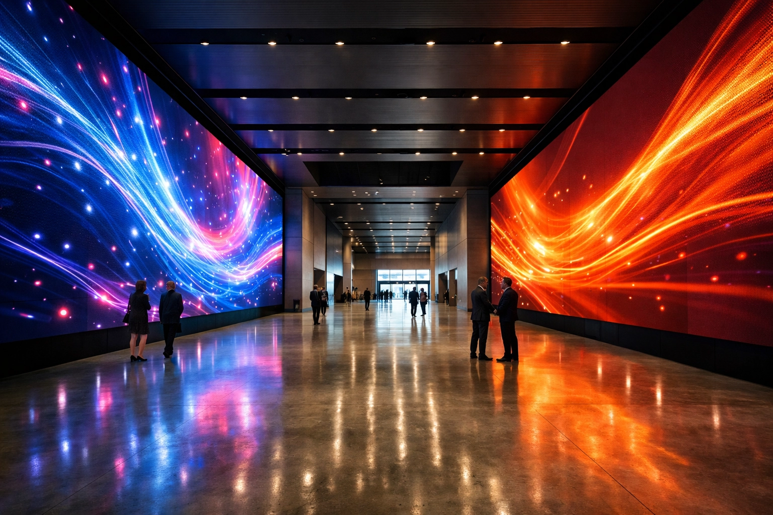 Modern venue lobby with integrated LED video walls showcasing digital media innovation and strategic design.