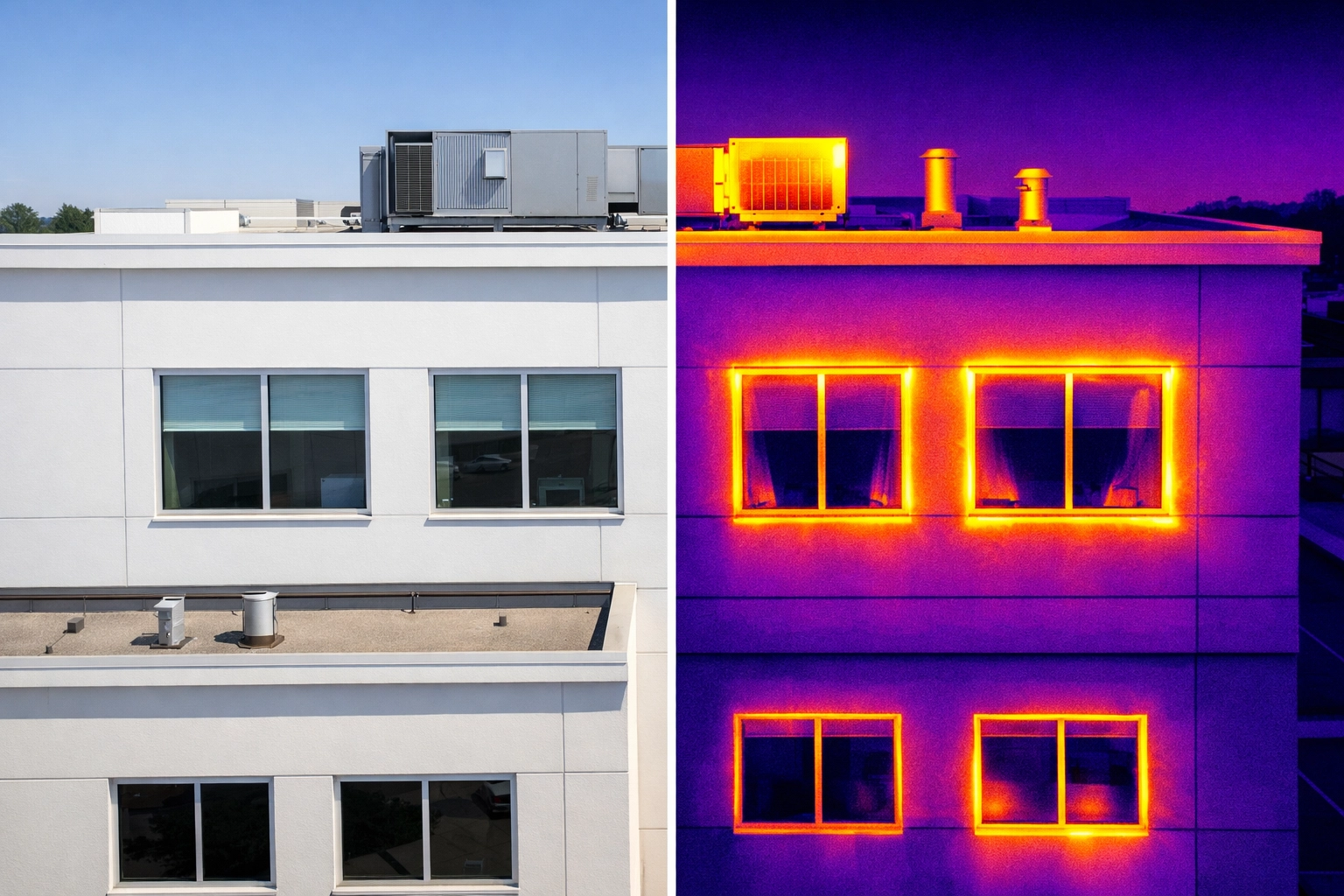 Thermal imaging comparison revealing hidden heat loss on commercial building facade