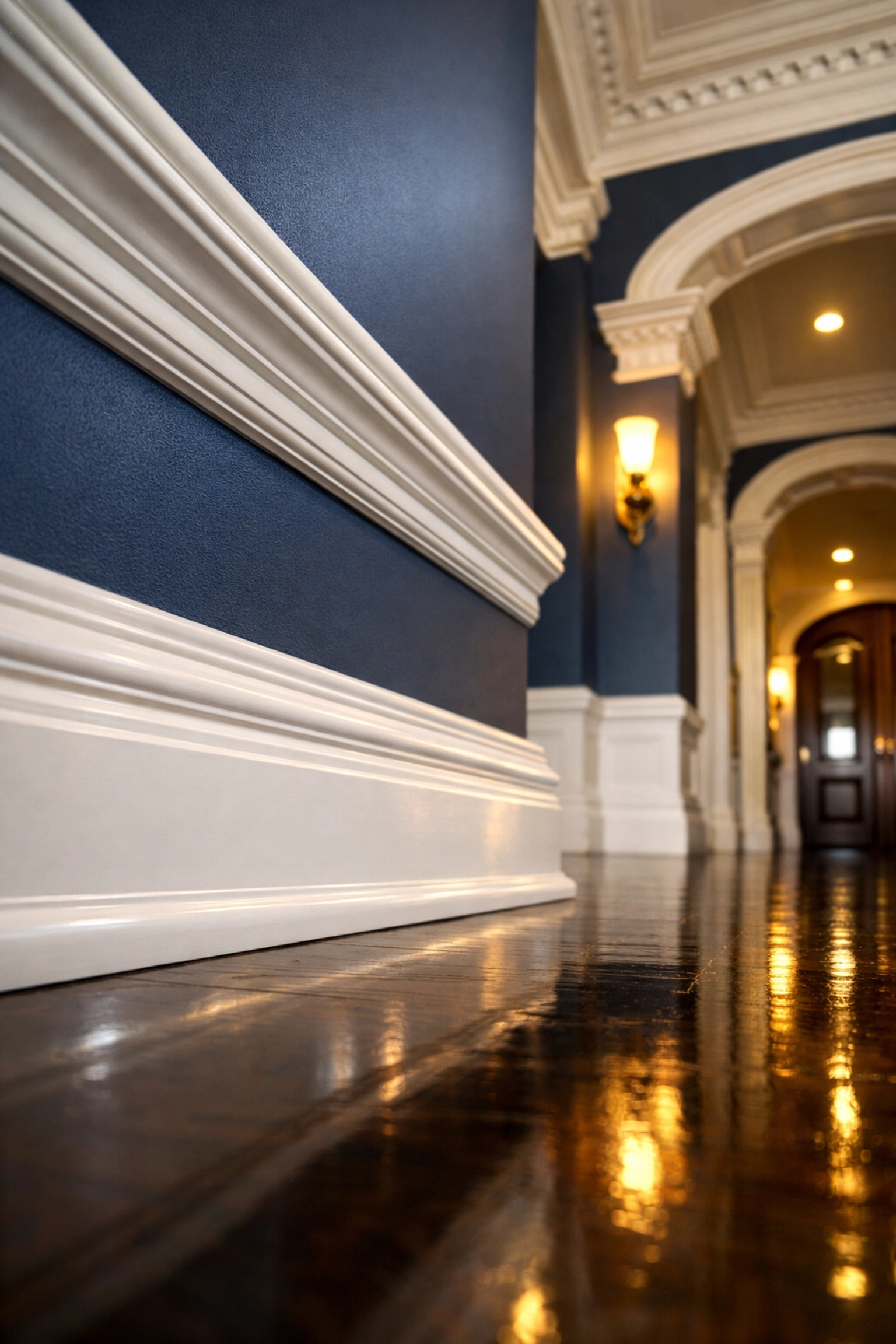 Impeccably clean white crown molding and baseboards in a historic Winchester estate hallway.