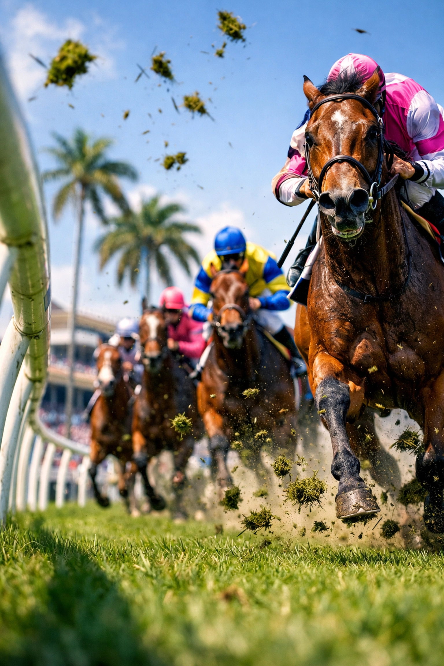 Thoroughbred horses racing at Gulfstream Park featuring top jockey performance and betting analytics.