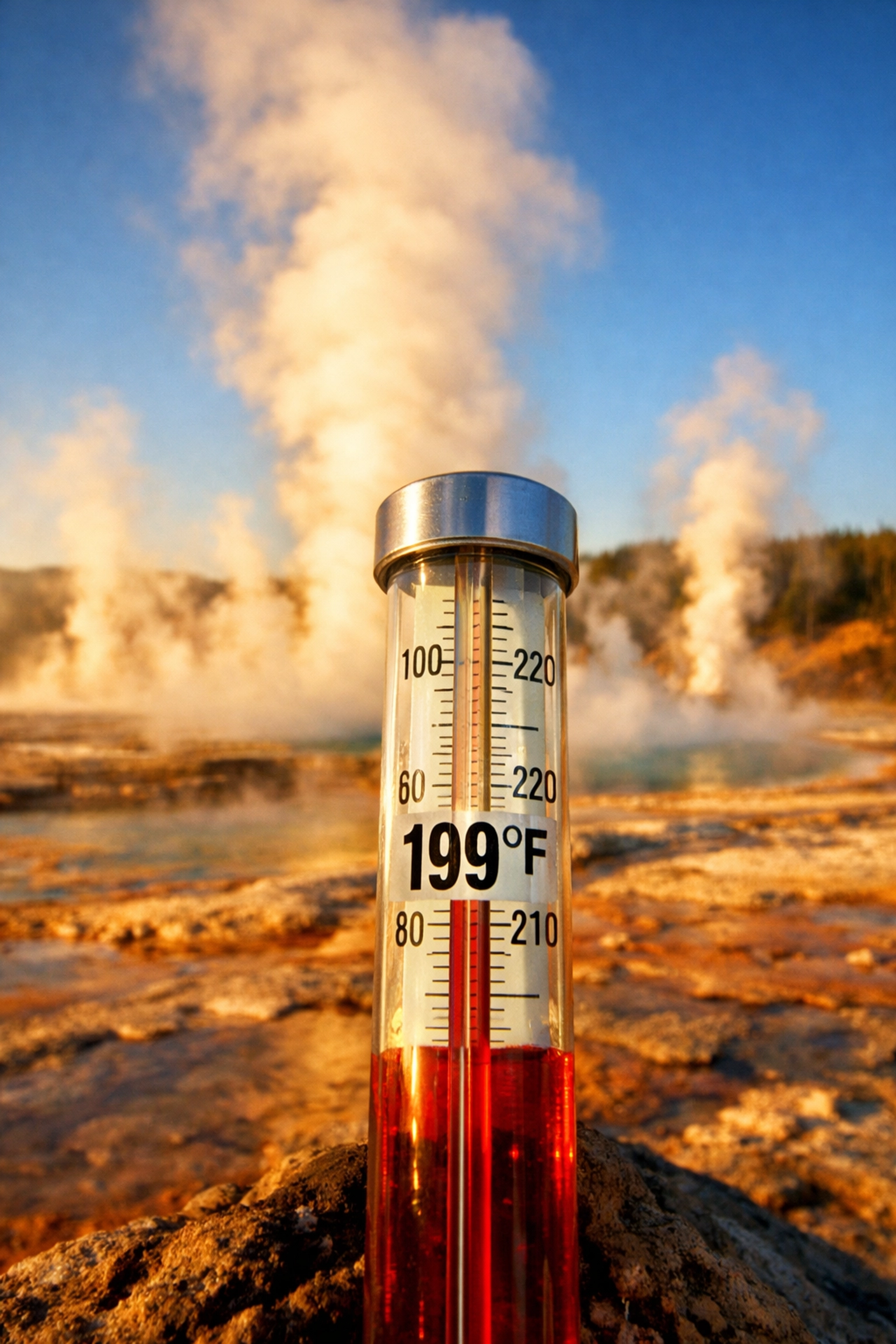 Thermometer reading 199°F at Yellowstone showing how elevation affects boiling point in geothermal areas