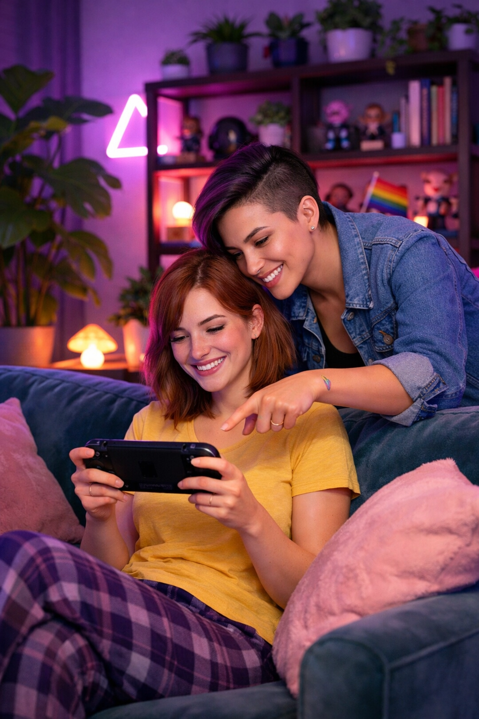 A lesbian couple smiling while playing video games together in a cozy, plant-filled living room.