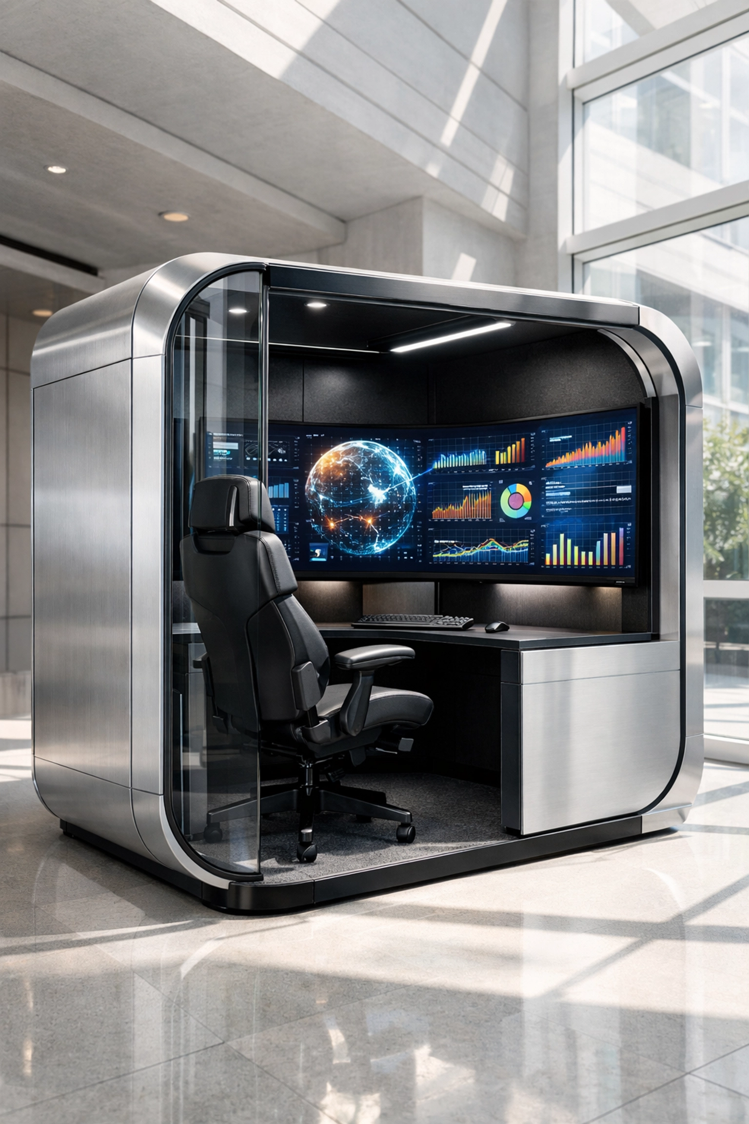 Modern modular tech pod featuring an ergonomic workstation and data visualization monitor for high-performance work.