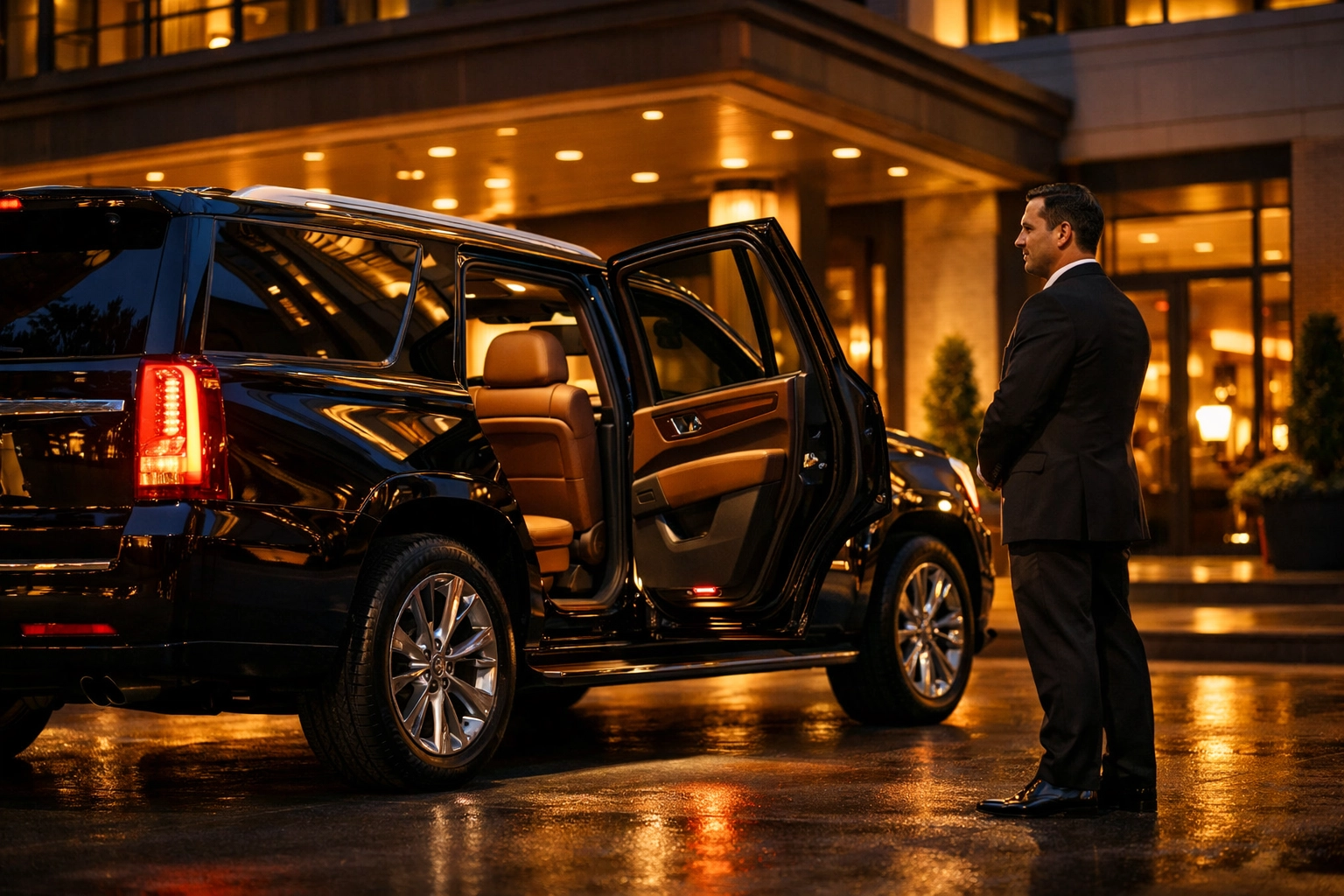 NEWSLETTER: Your 3-Minute Guide to Mastering Super Bowl High-Stakes Travel – From Emergency Logistics to VIP Executive Comfort Luxury chauffeur-driven SUV providing VIP executive transportation at upscale hotel entrance