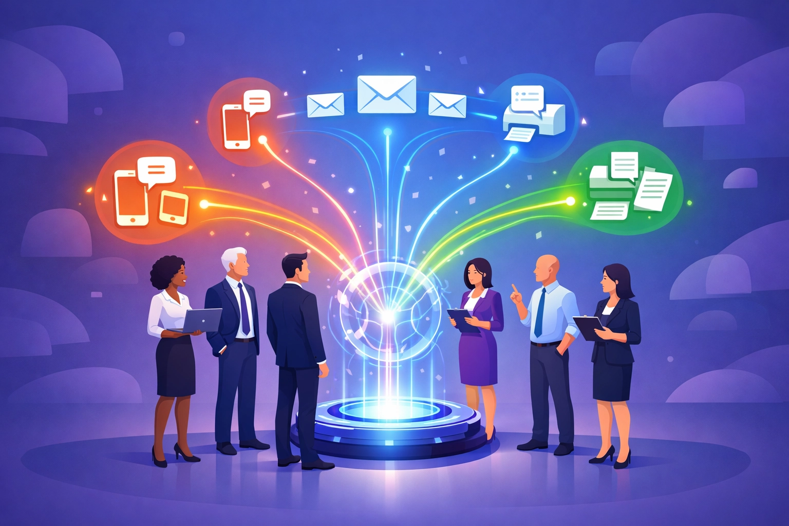 Multi-channel communication hub showing SMS, email, fax, and mail integration for businesses