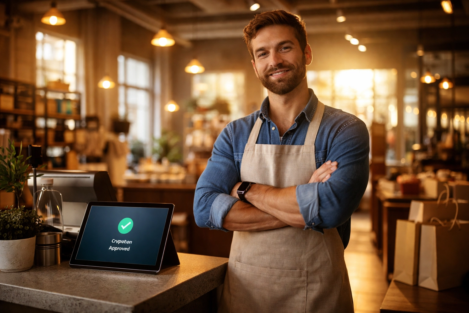 Small business owner at a retail counter accepting crypto payments, highlighting self-custody merchant account benefits.