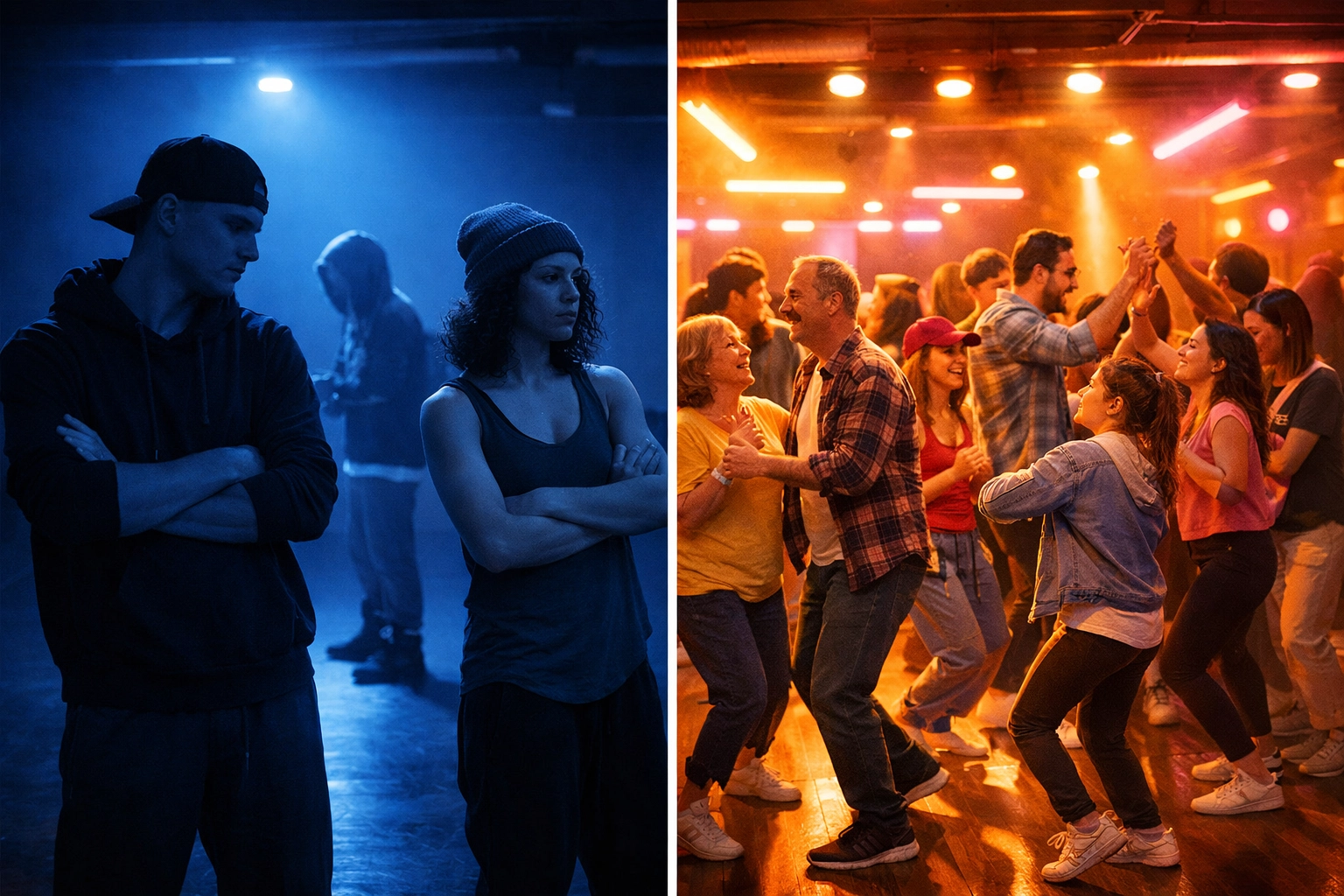 Split scene comparing isolated competitive dancers versus thriving collaborative dance community