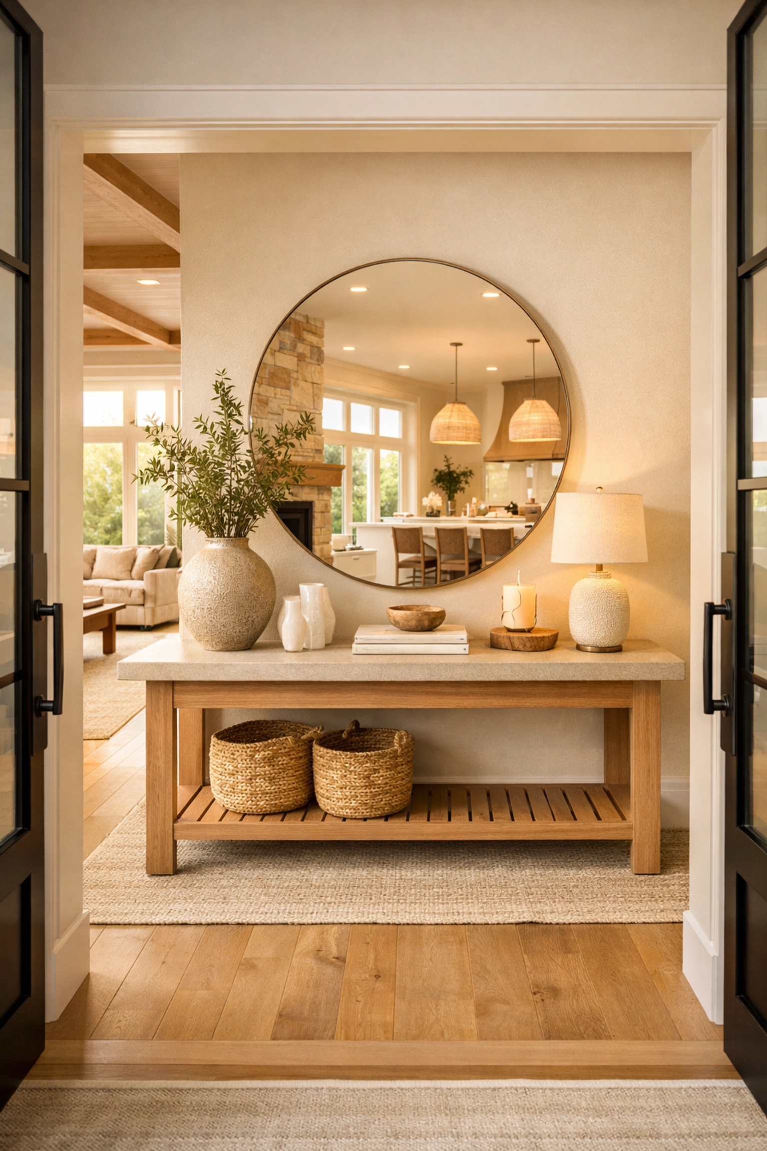 Inviting open-plan entryway with a modern console table and soft lighting, manifesting a luxury home vibe.