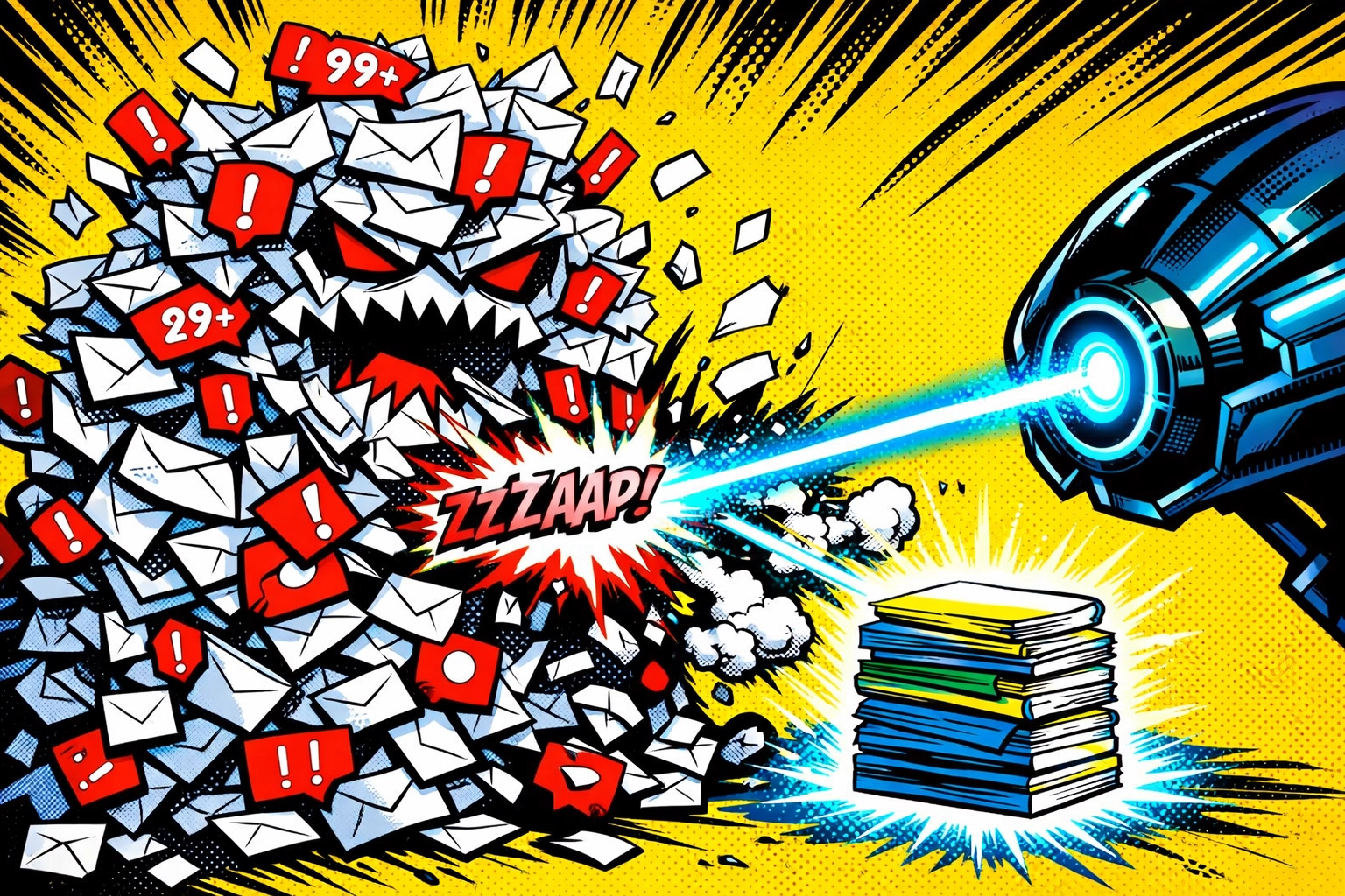 AI business automation tool organizing a chaotic email inbox and notification bubbles.