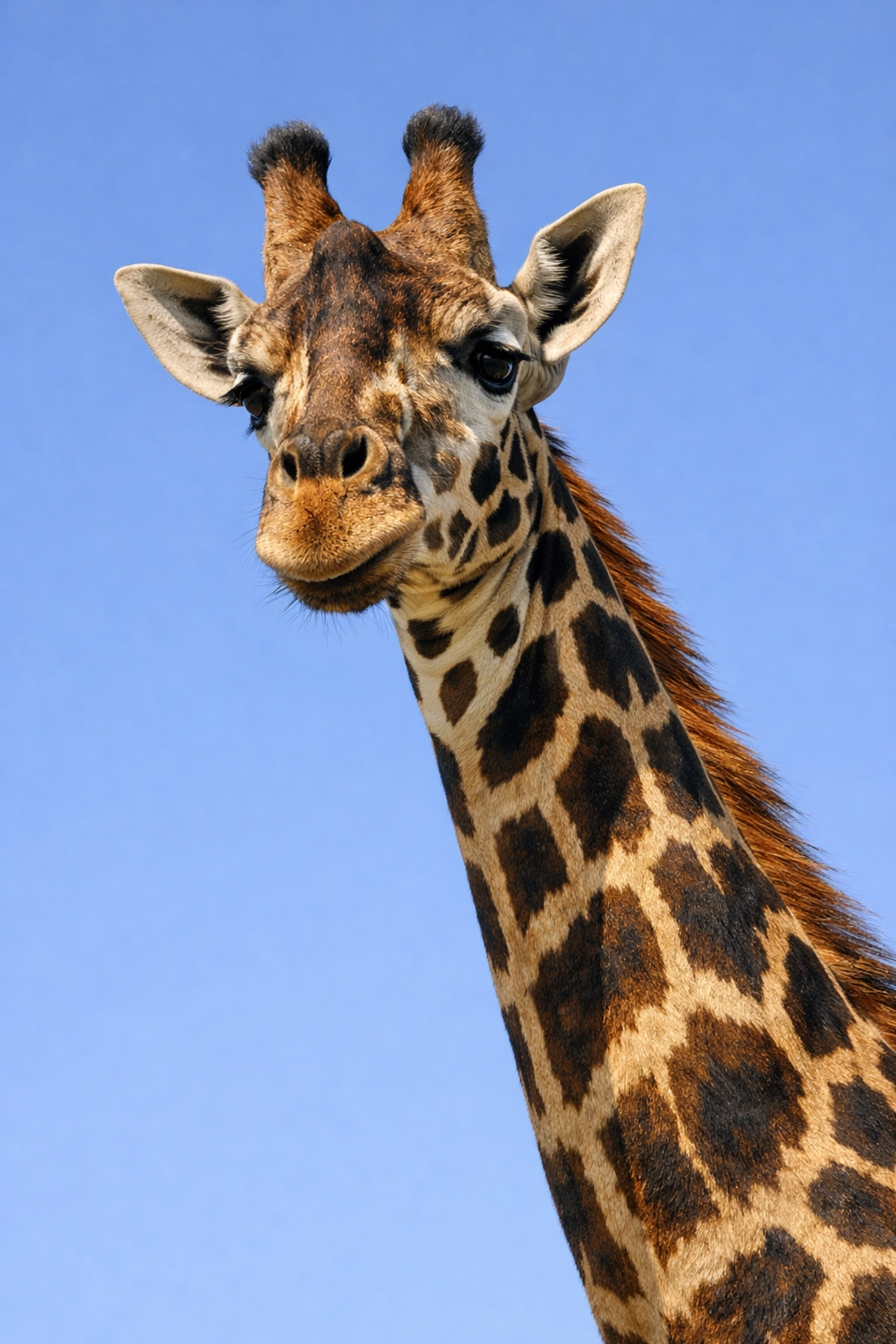 Low angle giraffe portrait against a blue sky perfect for a professional species spotlight.