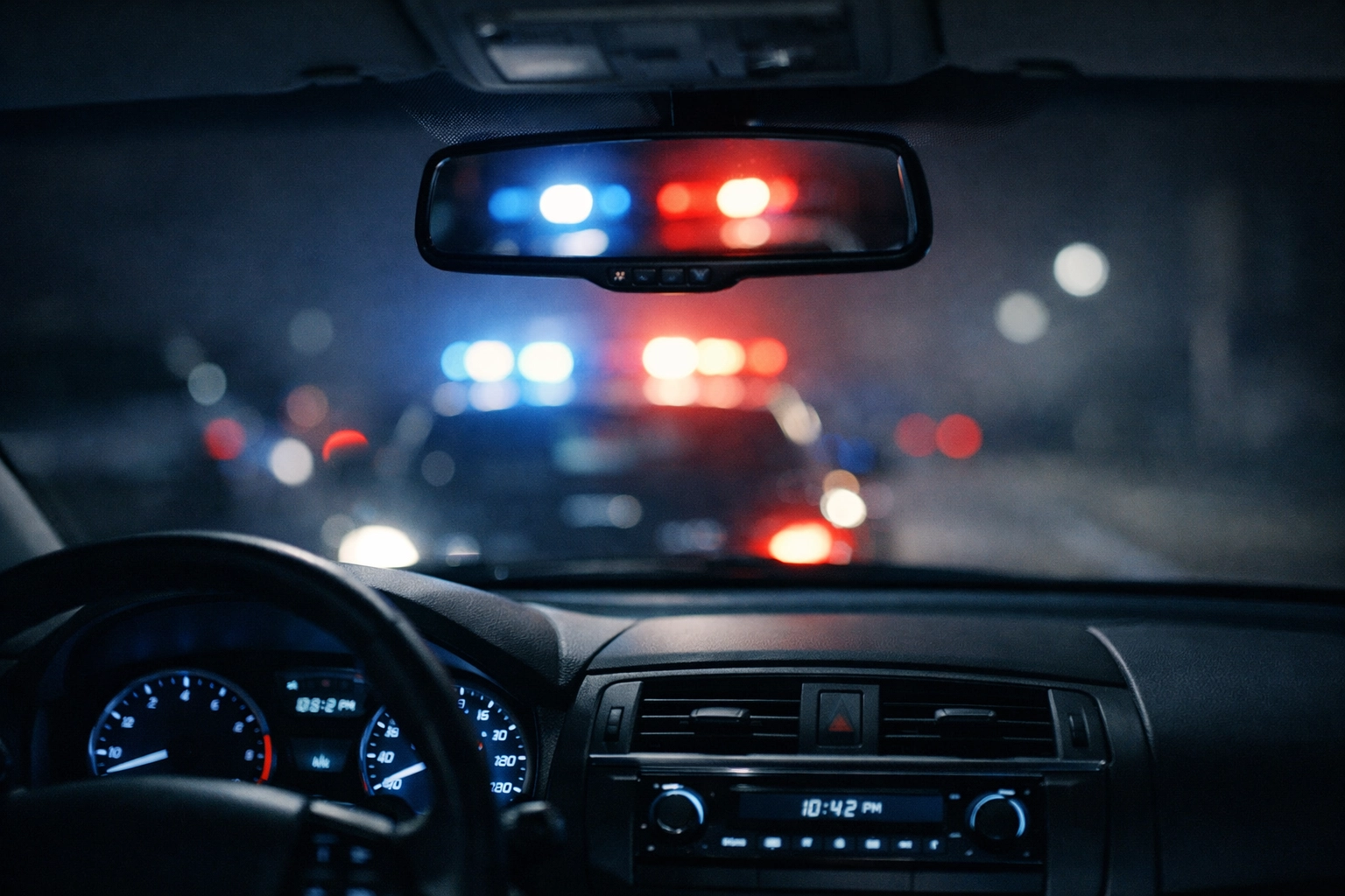 Virginia Beach DUI traffic stop from driver's view with police lights at night