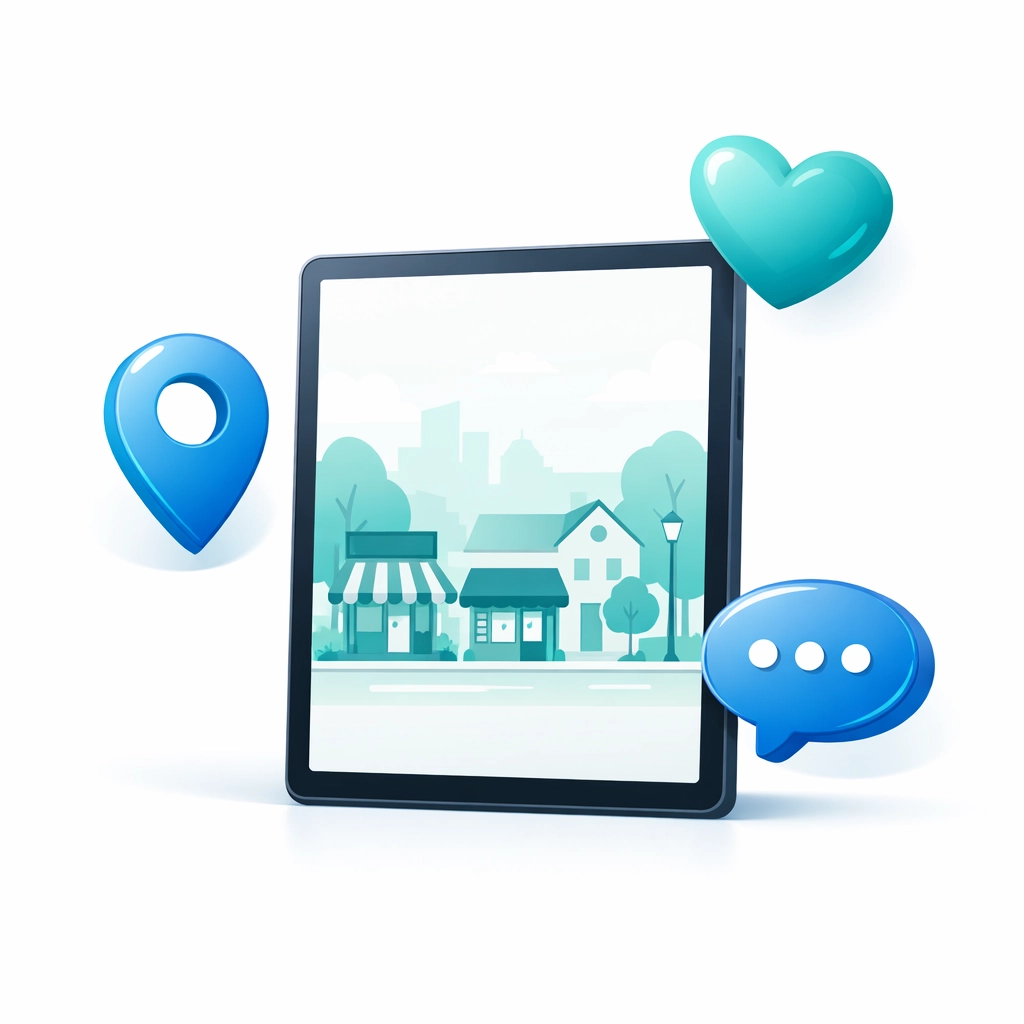 Minimalist digital art of a tablet showing local community icons for Alpharetta business website design.