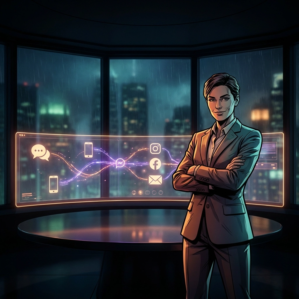 Business executive stands confidently before a unified messaging dashboard, highlighting modern omnichannel communication solutions.