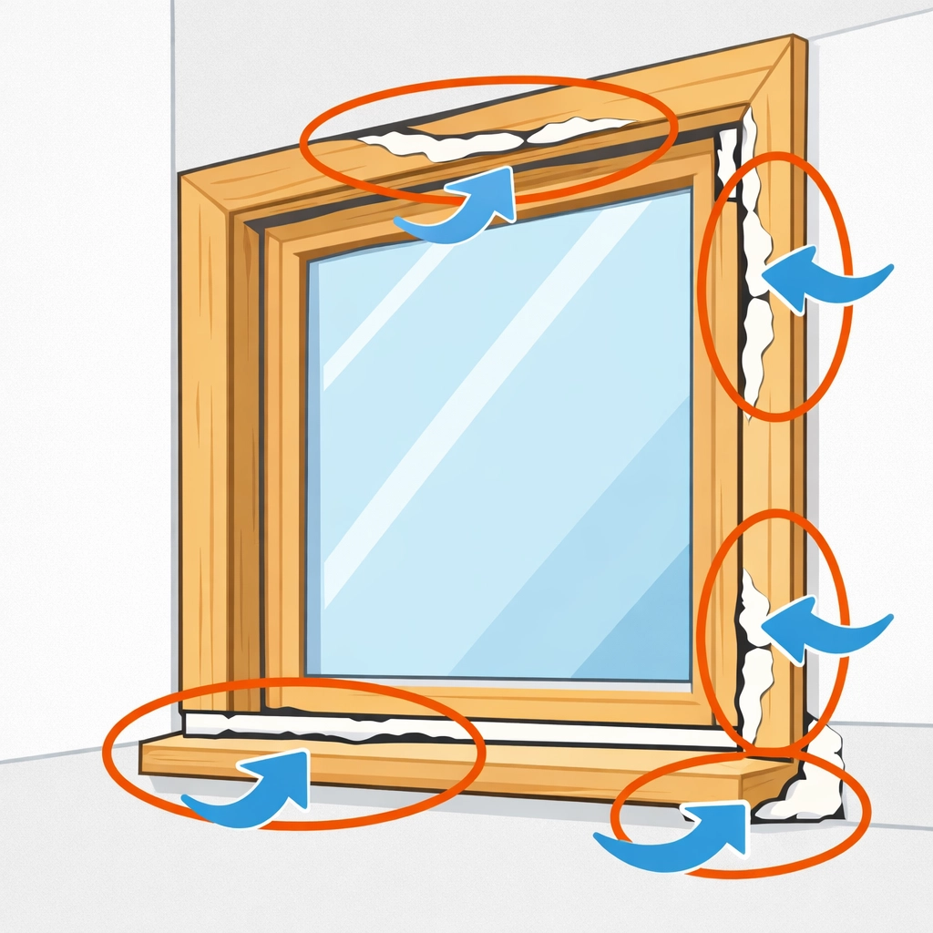 Window frame with failing weatherstripping allowing drafts and moisture in