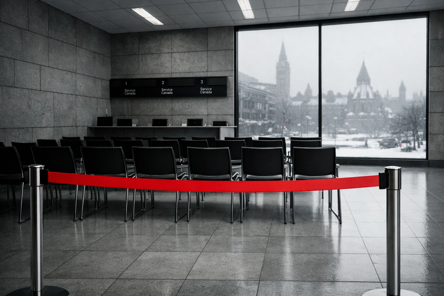 Empty federal waiting area in Ottawa representing systemic changes to Canada's immigration flow.
