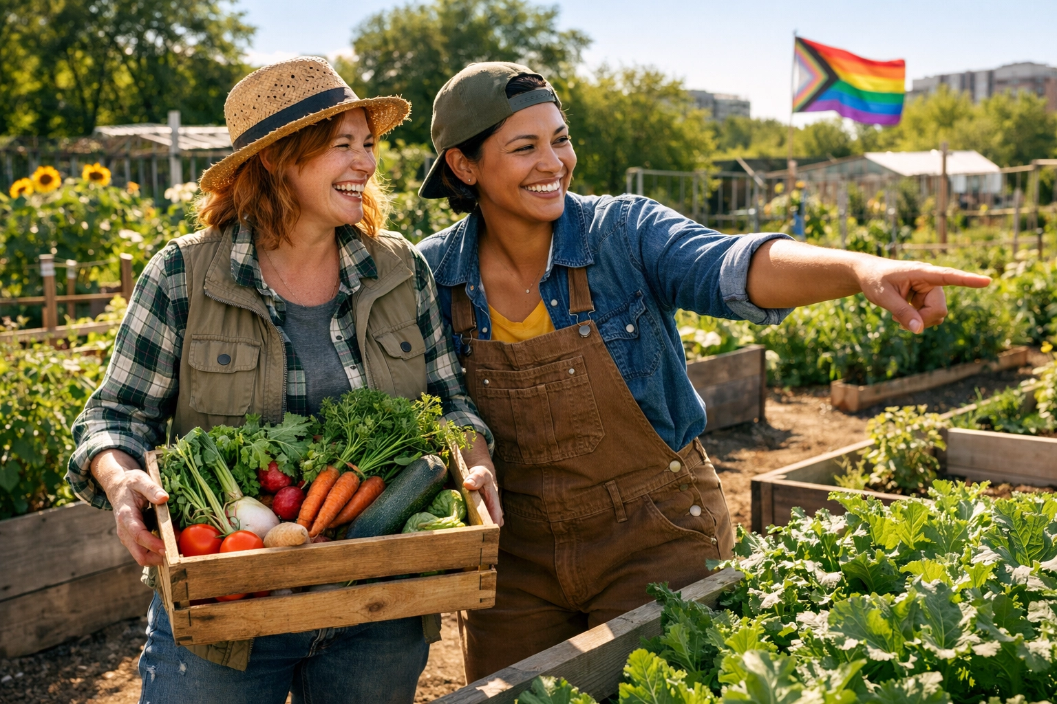 A lesbian couple volunteering in a community garden, practicing grassroots organizing and building queer community.