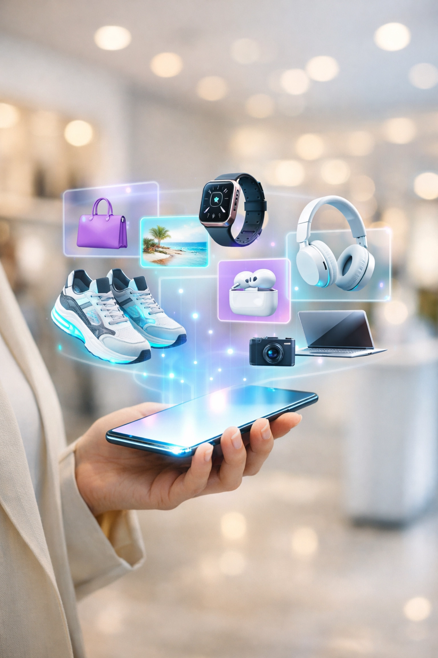 Modern retail experience showing AI-driven shopping and crypto payment options on a smartphone.