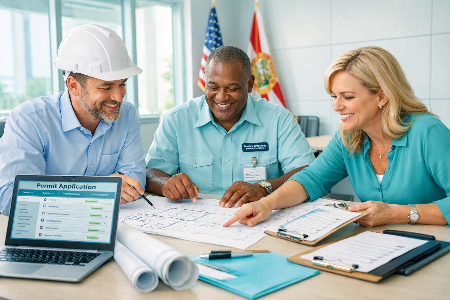 Florida building officials and property owner reviewing permit applications during pre-application conference