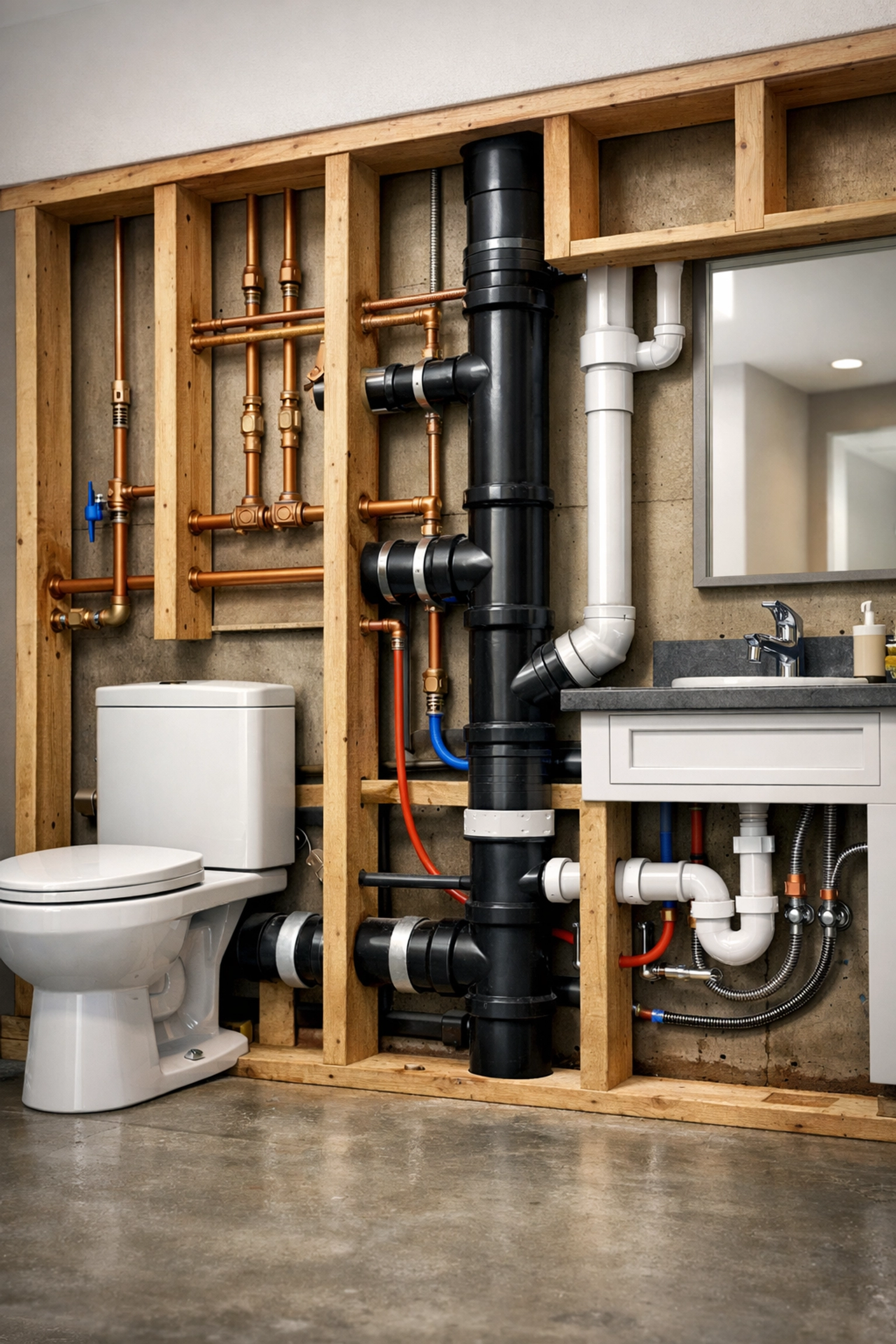 Expert bathroom plumbing and pipe installation behind the walls of a Philadelphia home.