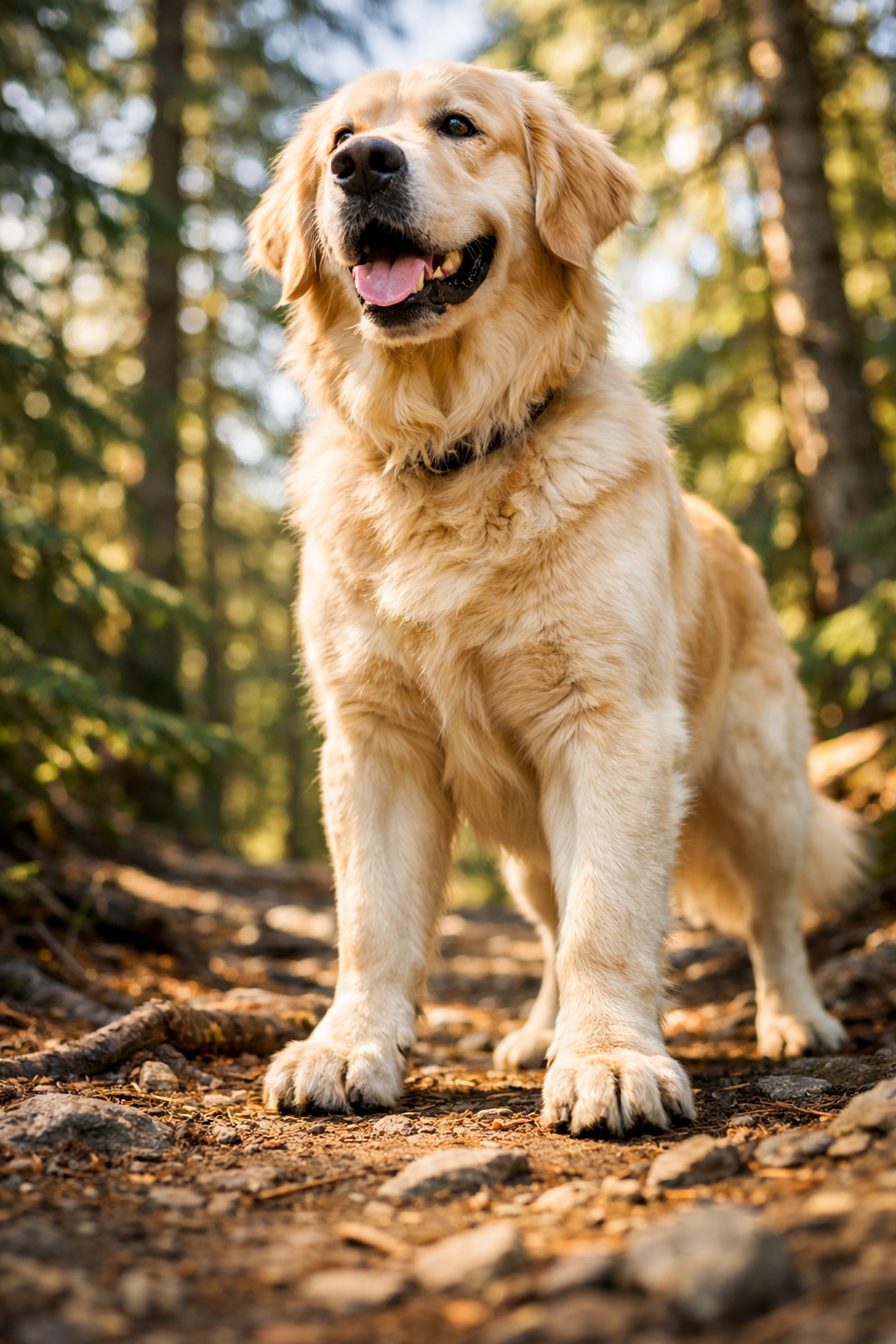 Healthy Golden Retriever standing on an Oregon trail showing strong joint structure from OFA tested parents.