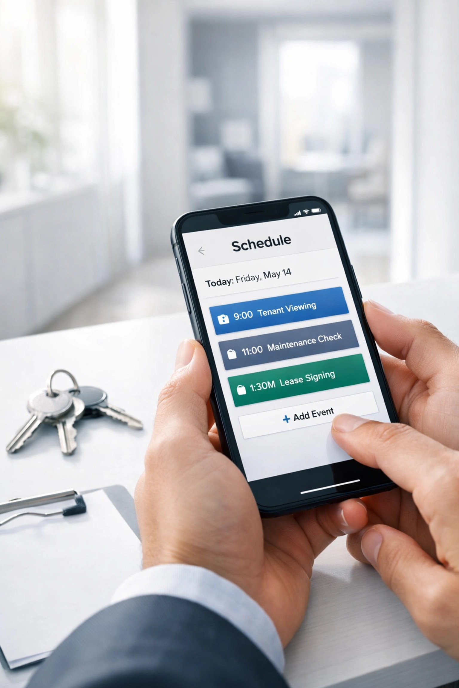 Property manager scheduling apartment turnover on smartphone with keys nearby