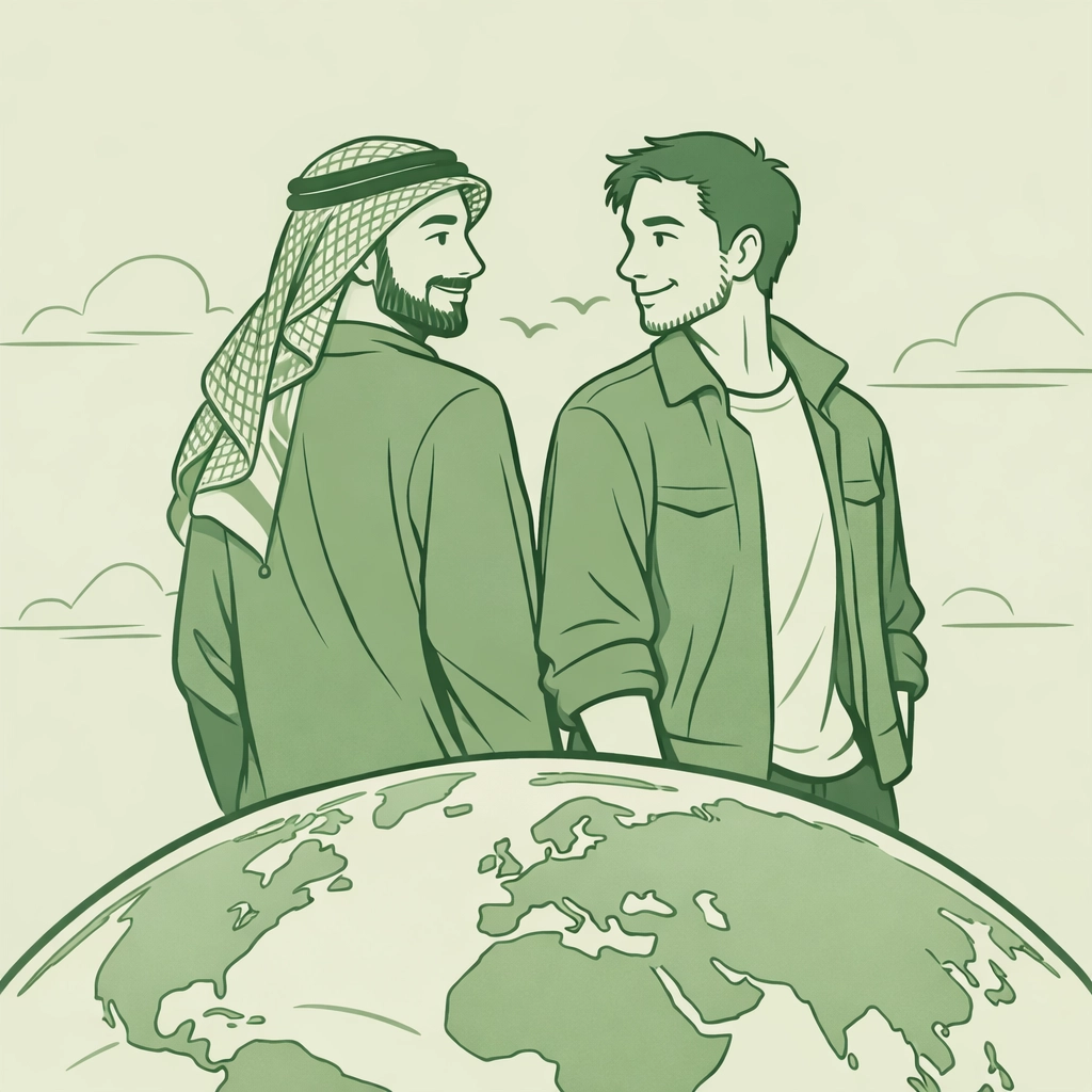 Two men on opposite sides of globe connecting in international gay romance