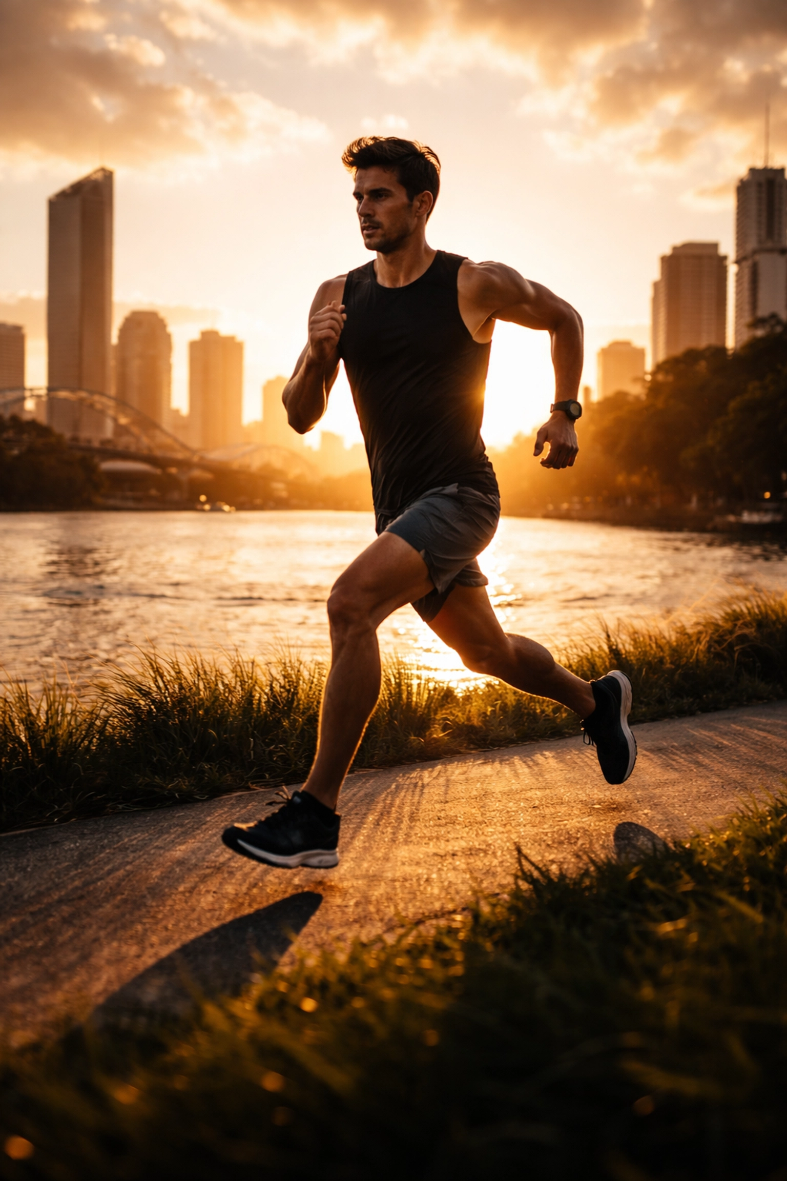 Runner on Brisbane Riverwalk at sunset, emphasizing injury prevention for active physiotherapy clients