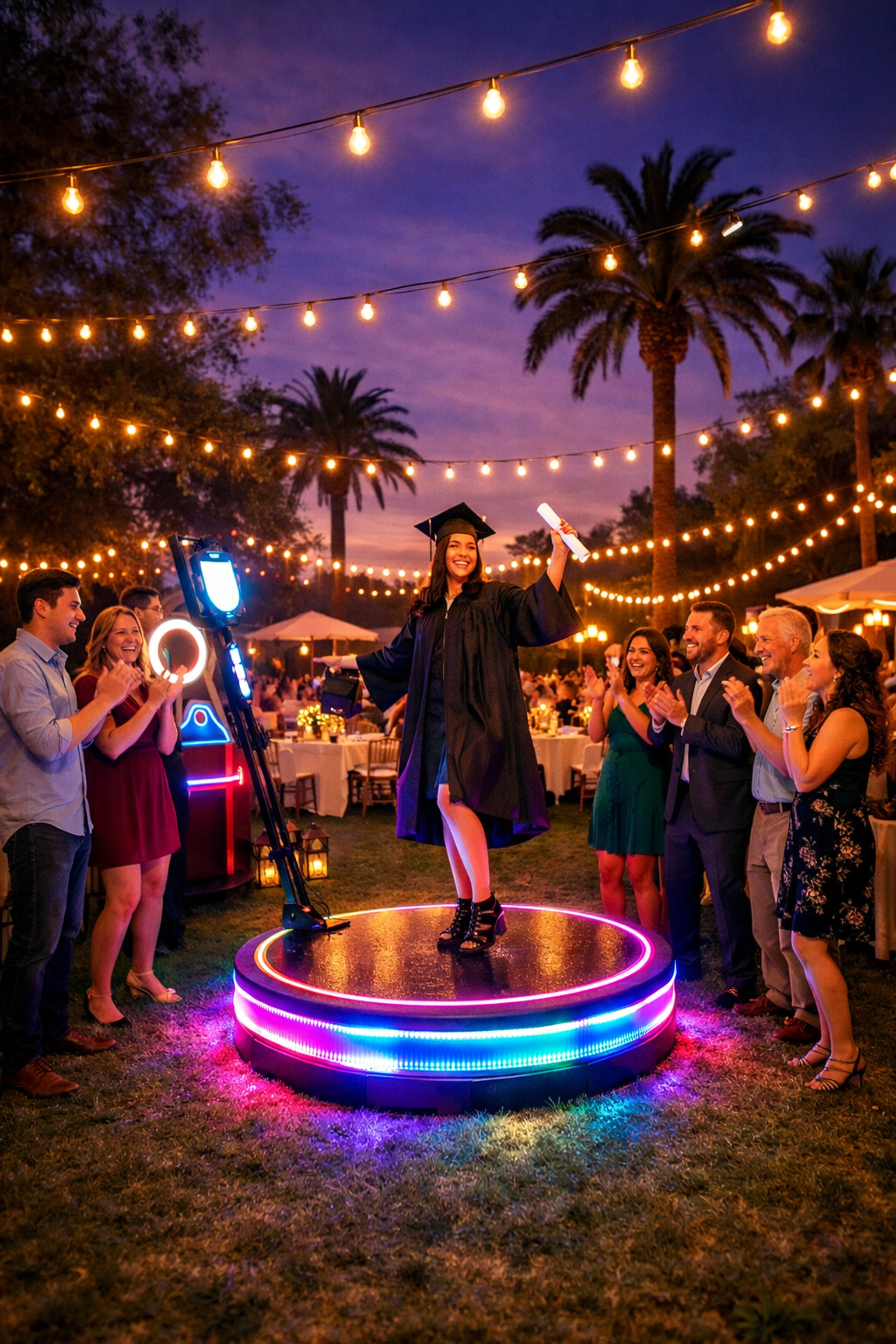 Outdoor 360 photo booth rental setup for an evening graduation party in a backyard setting.