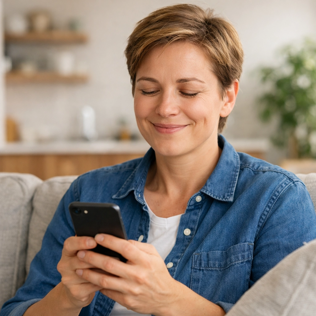 A person smiling at their phone after receiving an interac e-transfer loan in Canada.