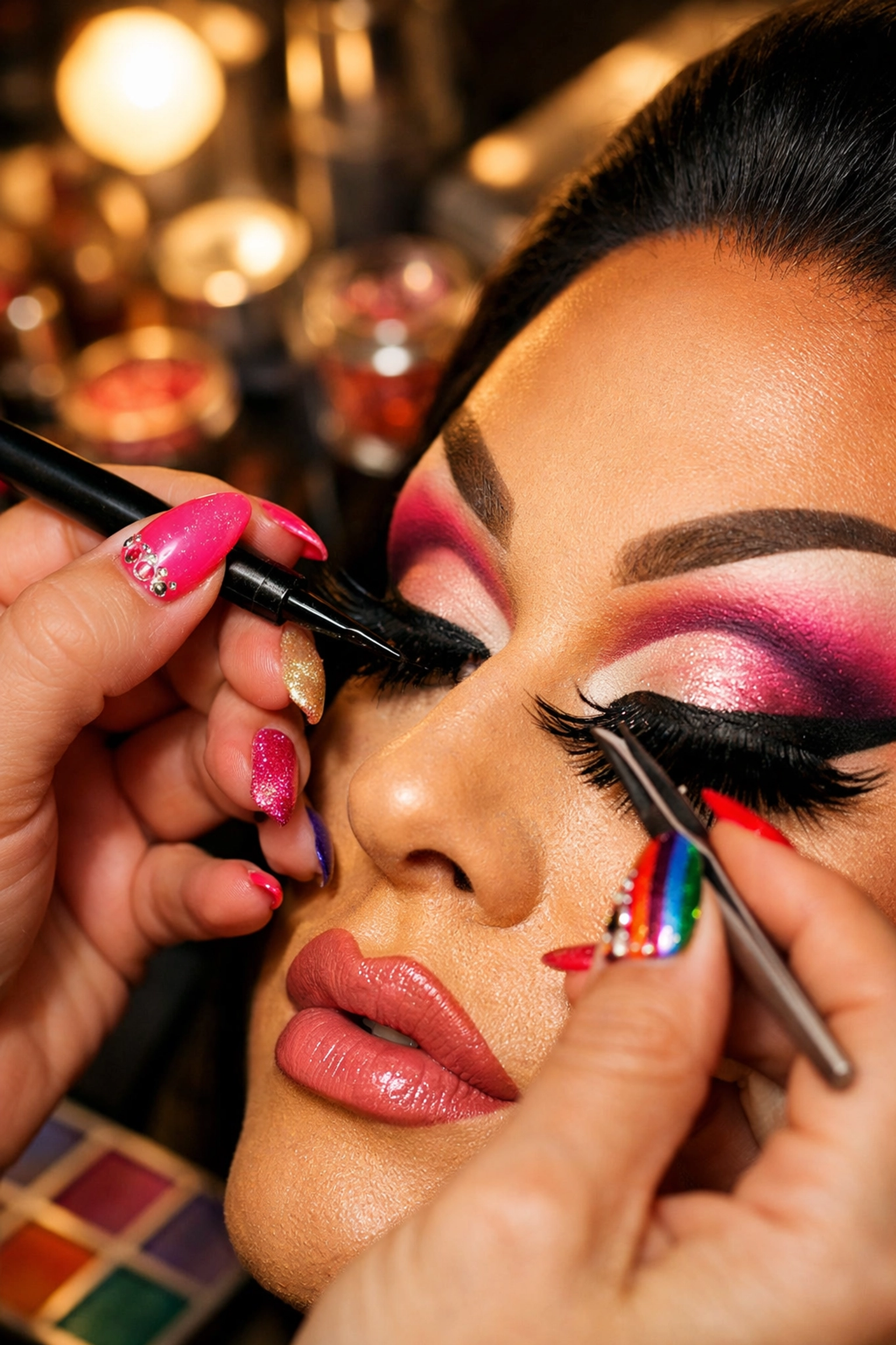 Drag queen applying dramatic winged eyeliner and false lashes with colorful makeup brushes