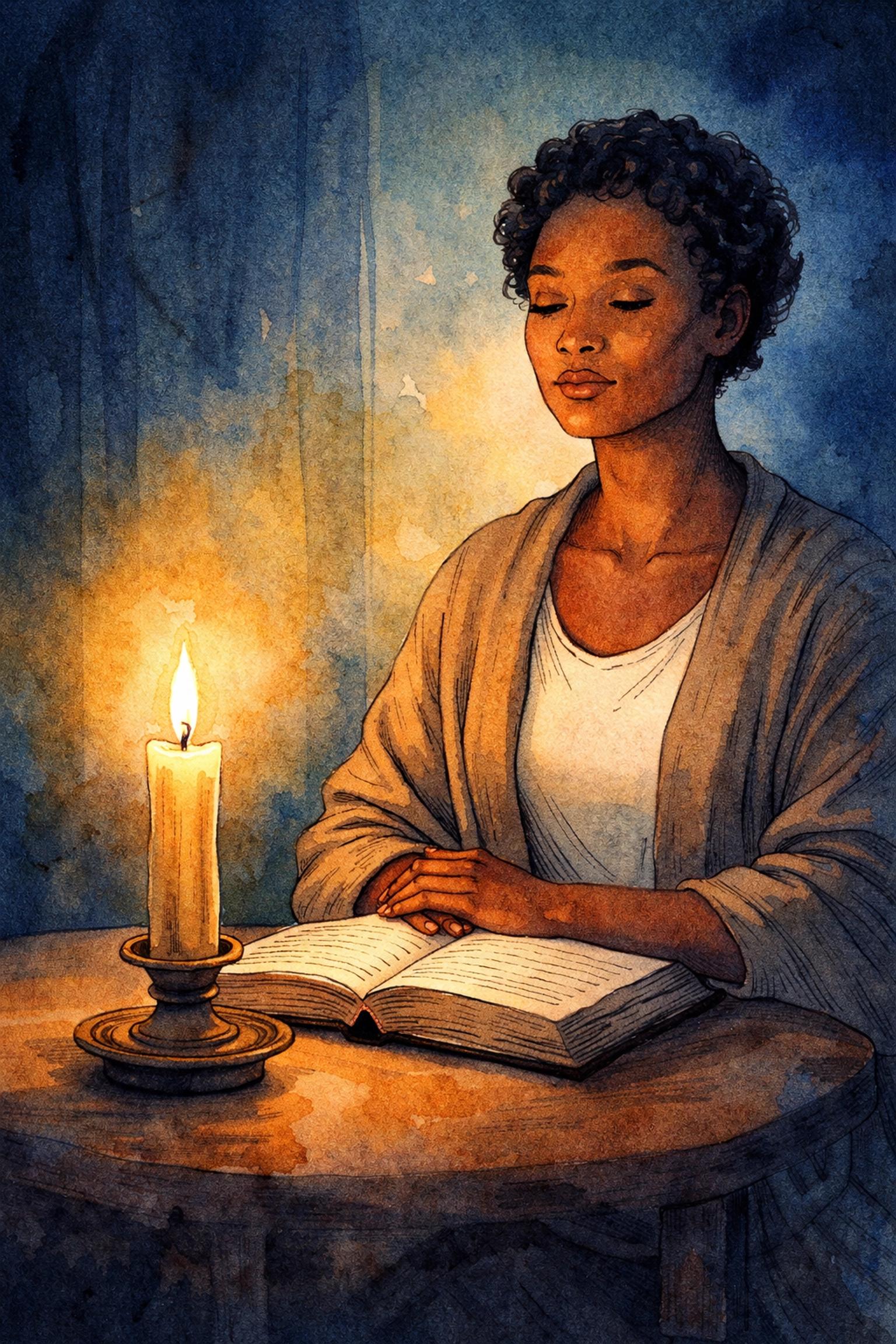 An African-American person meditates beside a glowing candle and open Bible in a peaceful, dark room, embodying midnight prayer and perfect peace.