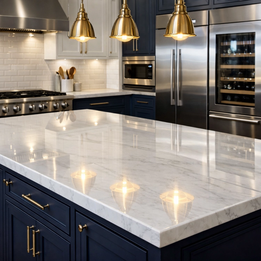 Meticulously cleaned marble kitchen island in a high-end home showing professional cleaning results.