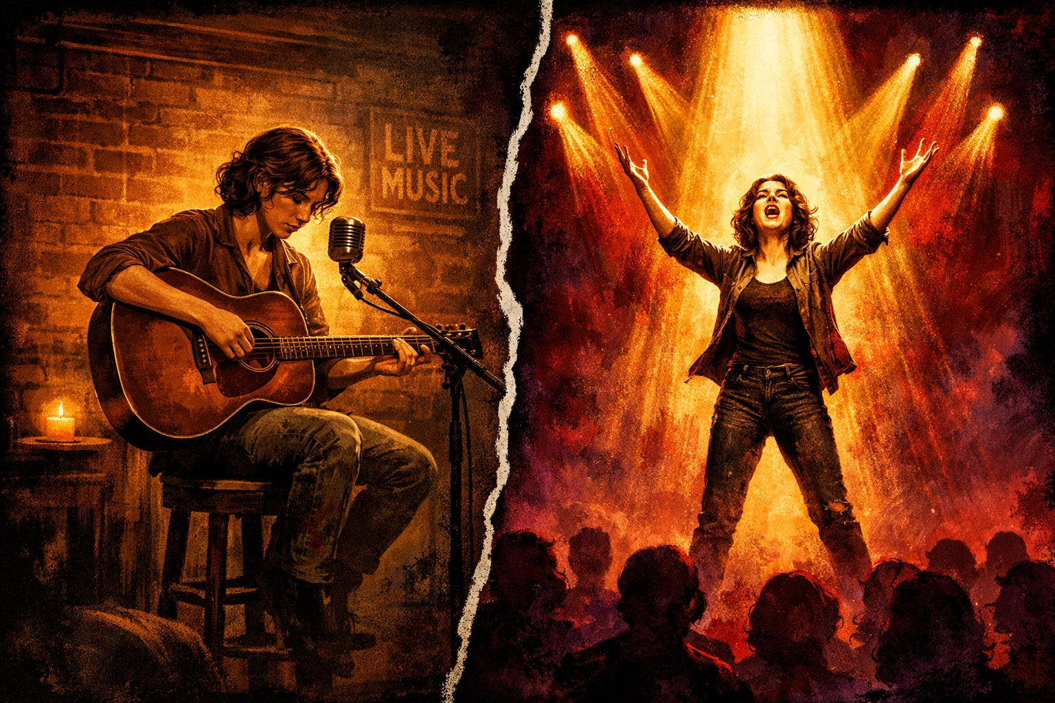 Singer demonstrating low-stakes intimate performance vs high-stakes theatrical vocal delivery Singer demonstrating low-stakes intimate performance vs high-stakes theatrical vocal delivery