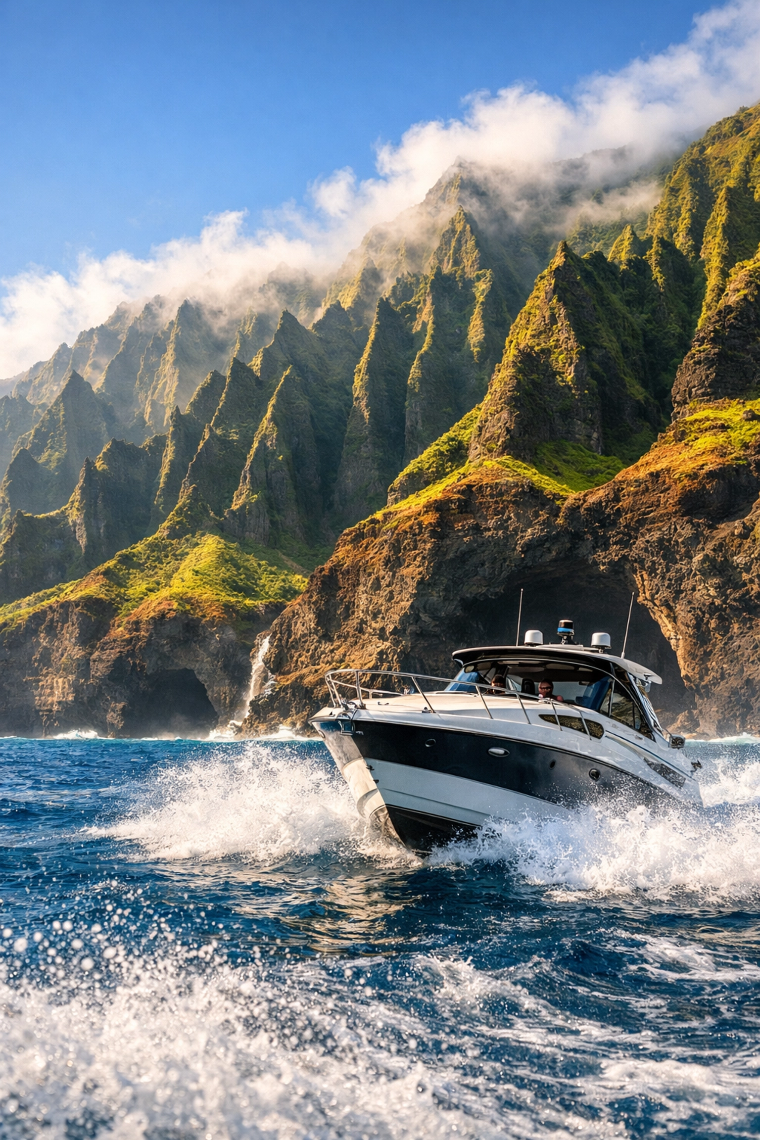 A private powerboat cruising along the majestic emerald-green cliffs of the Na Pali Coast in Kauai.